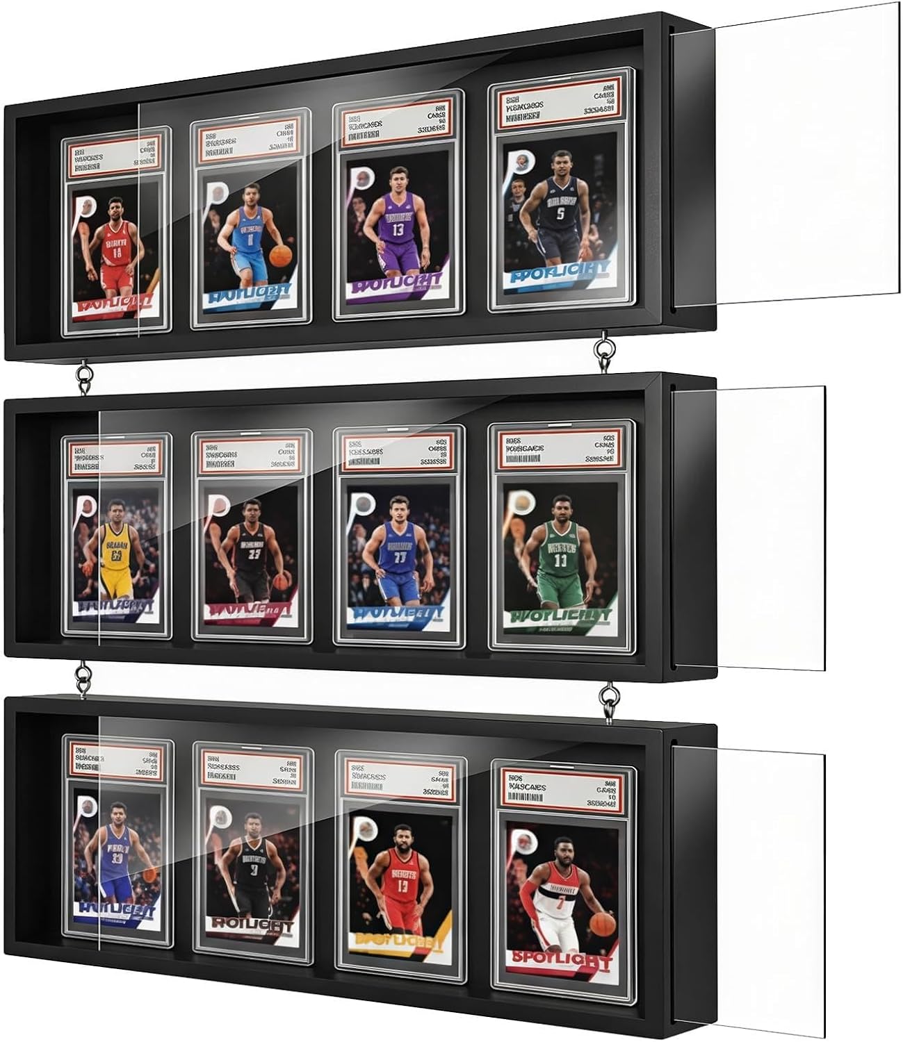 MoKo Card Display Case, 3-Pack Wall Mount for 12 Graded Cards | Clear acrylic and pine trading card display case with side access; use each case alone or combine as a graded card display