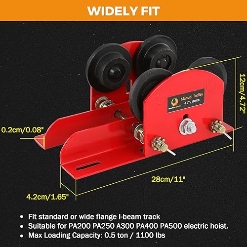 Miniatura 7 de BEAMNOVA Carro manual para I-Beam con brida ancha de 1.57-4.64 pulgadas, para elevación eléctrica PA200 PA250 PA300 PA400 PA500, resistente, 4