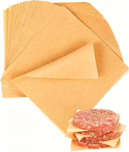 100 piezas de papel de hamburguesa antiadherente de 6 x 6 pulgadas, hojas cuadradas de papel de cera para hamburguesas separadas, prensa de