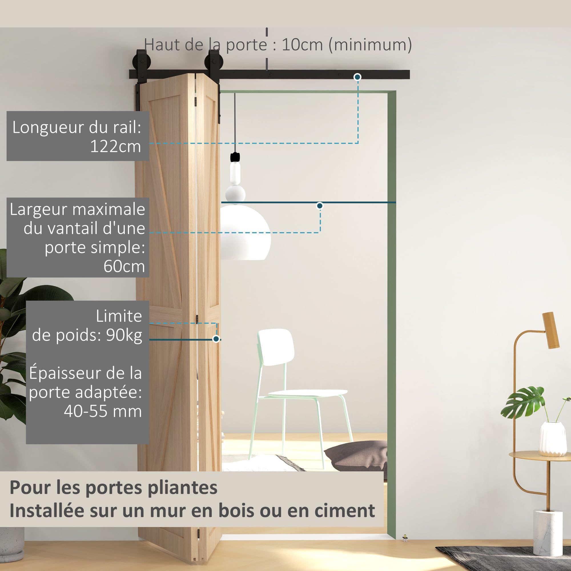 HOMCOM 122 CM Quincaillerie de Porte Coulissante Pliante 2 Portes Noir | Kit de Rails de Porte Coulissante Pliable, en Acier, avec Cintre en Forme de J