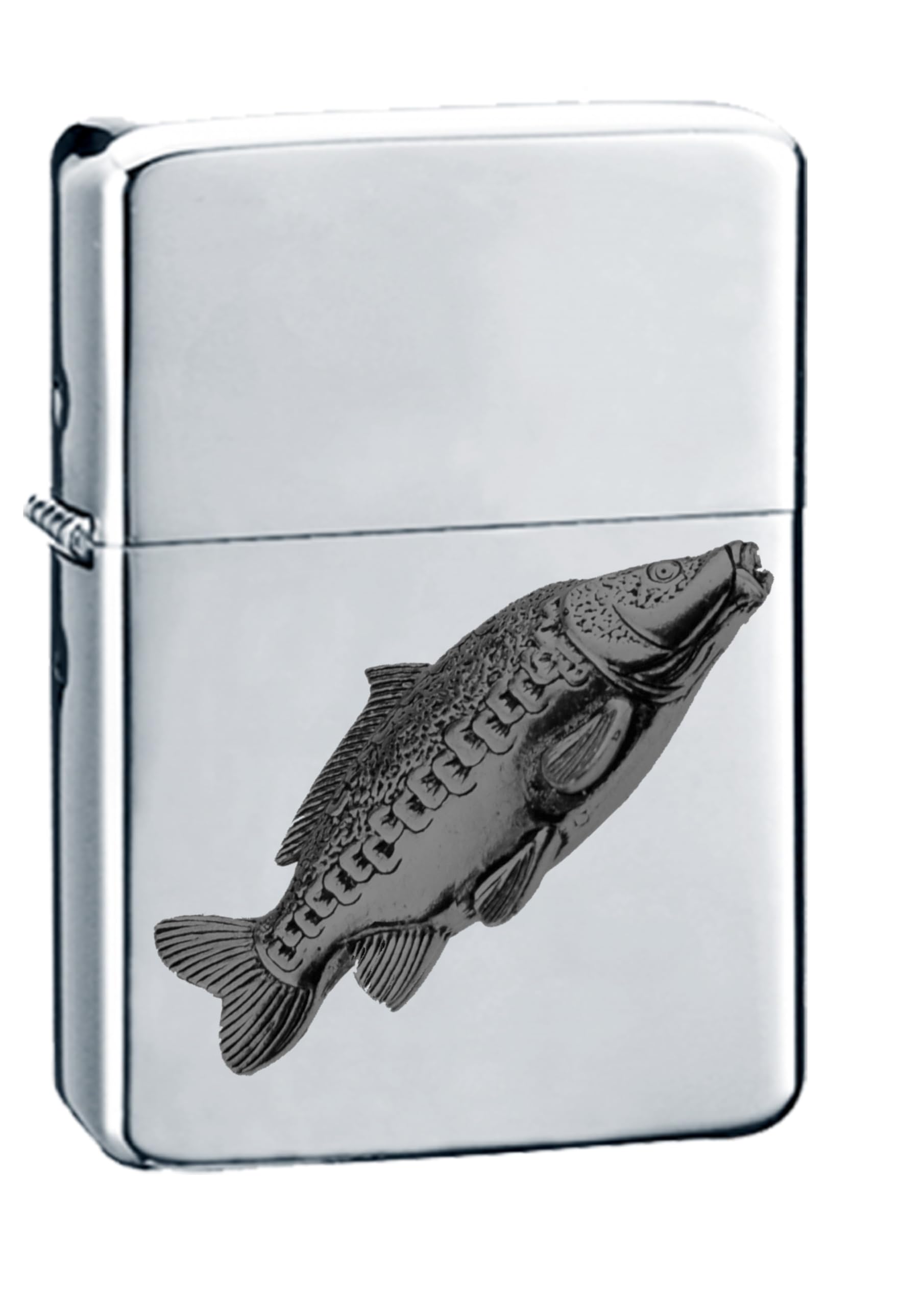Briquet F36 carpe chrome argenté, briquet à essence de finition noire miroir