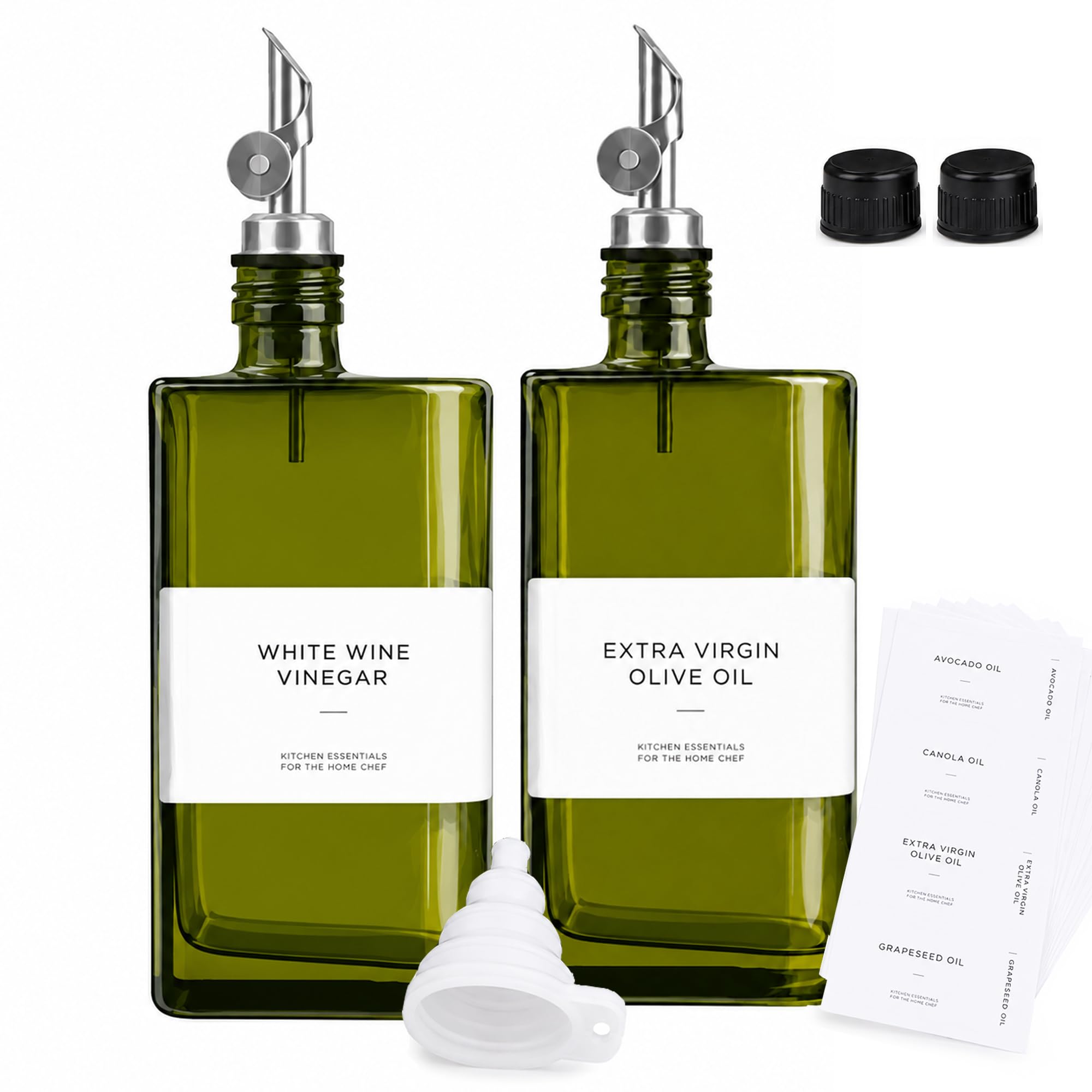 Botella dispensadora de aceite de oliva para cocina con etiquetas, 500 ml, dispensador de vinagre de cocina, recipiente de salsa de vidrio con etiquetas, bombas, embudo, tapones