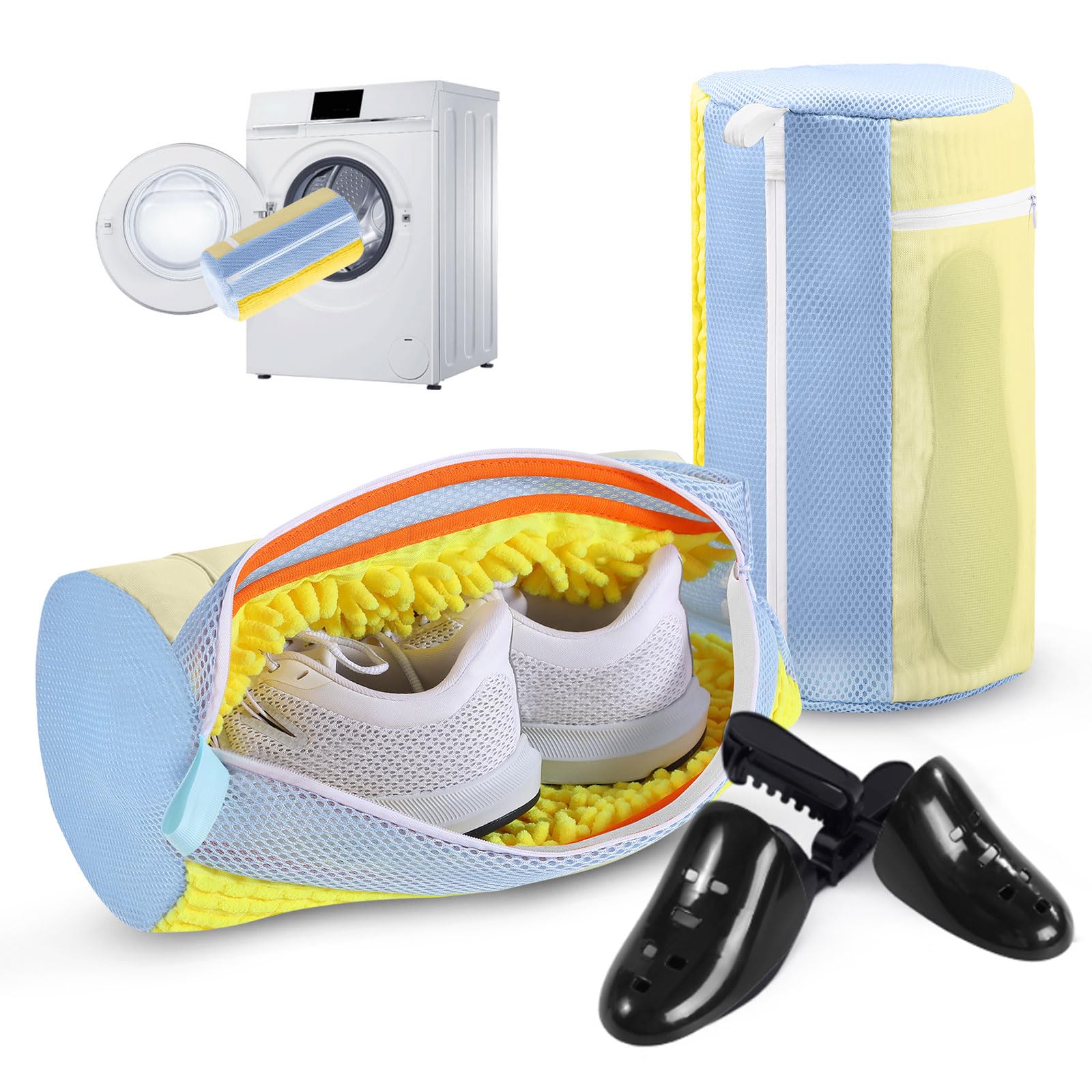 Aship 2 Pack Chenille Laundry Washing Bags with Adjustable Shoe Trees, 360° Deep Clean Hidden Zipper Wash Protector Bags for Sneakers Trainers, 19×39cm Yellow