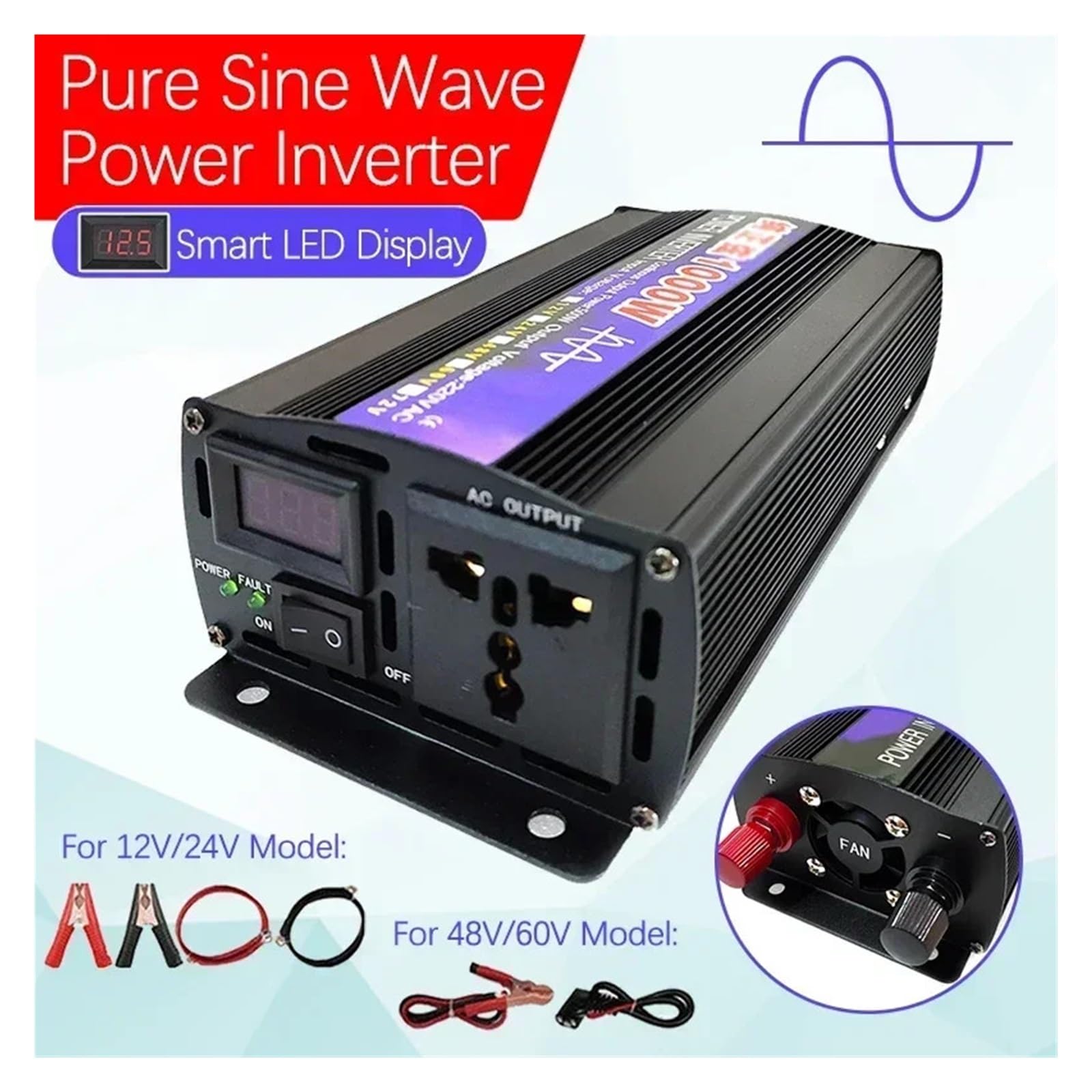 Inverter a Onda sinusoidale Pura da 2600 W/2000 W/1600 W/1000 W, convertitore di Tensione da 12/24/48/60 V, Inverter di Potenza con Display LED (2000 W, 48 V, 60 Hz)