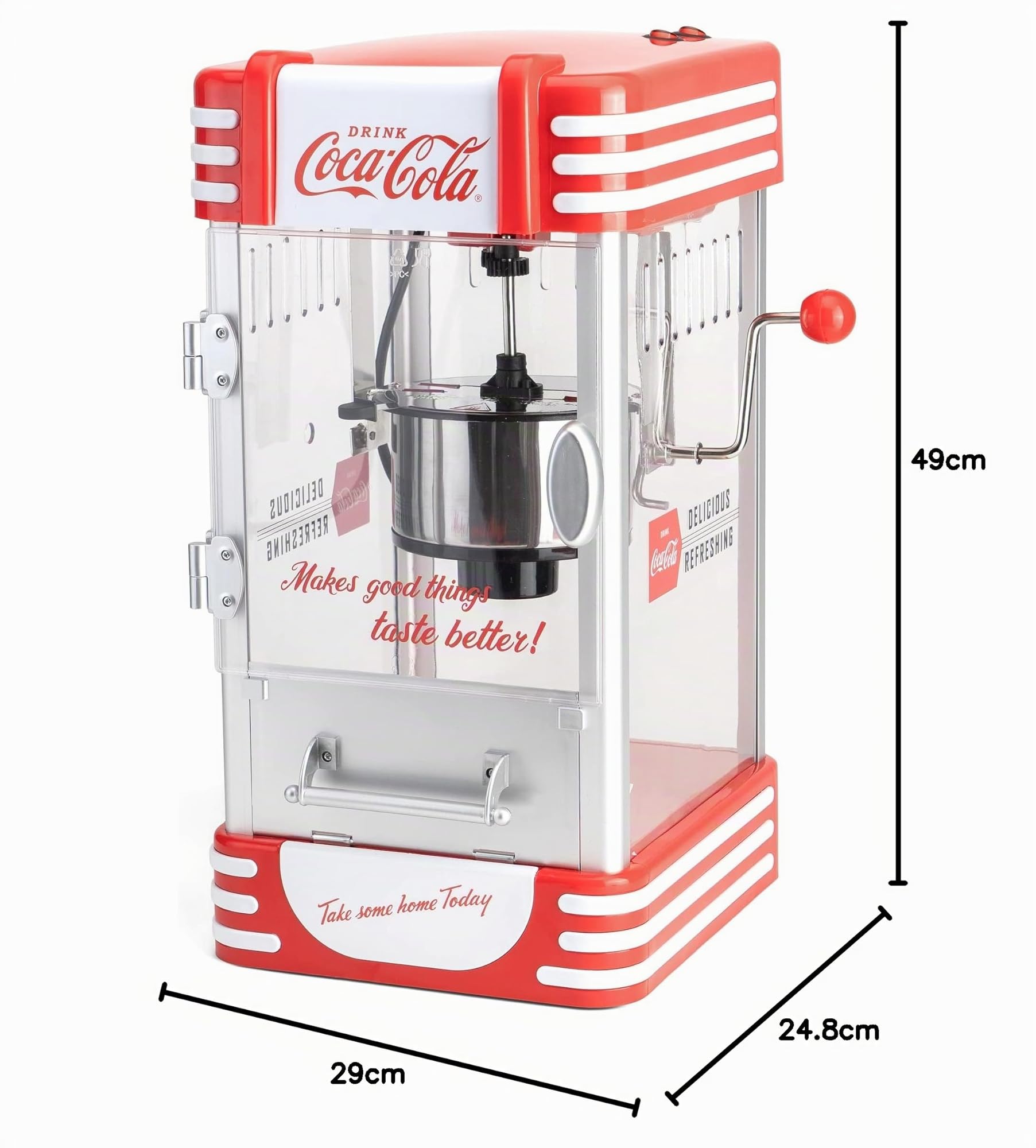 Salco Coca-Cola Machine à pop-corn – Machine à pop-corn au design rétro rouge (années 50), style cinéma, bouilloire en acier inoxydable avec revêtement antiadhésif, système de mélangeur intégré,