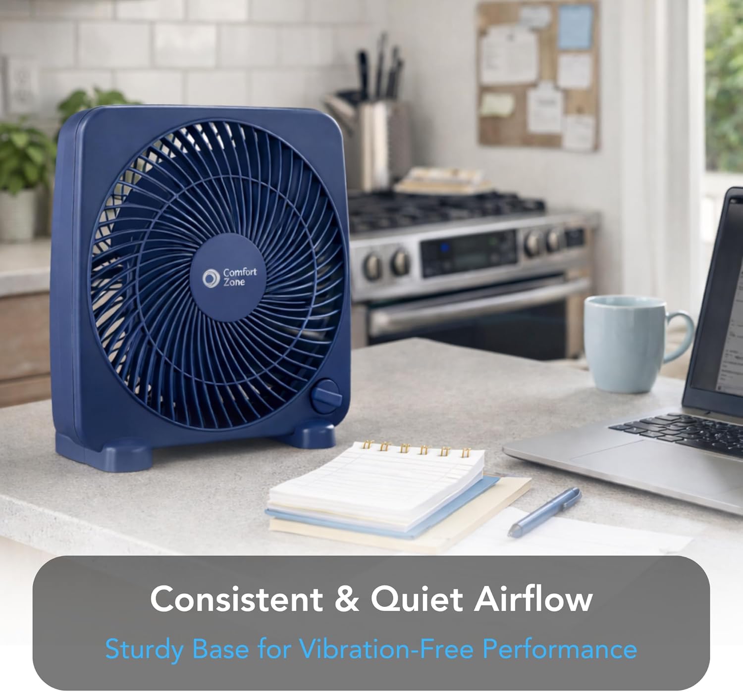 Comfort Zone 9-inch Portable Box Fan – Compact Desktop Cooling Fan with 3-Speeds, Quiet Operation, Built-in Carry Handle & Safety Grill – ETL Listed for Home, Office, or Dorm – Blue
