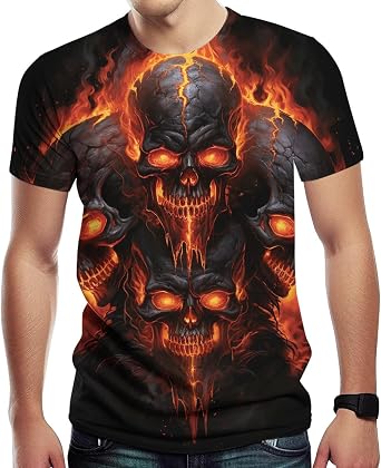 Mens Novelity Skull Pattern T-Shirts Fashion Style Flame Skull 3D Print Short Sleeve Tee Shirt