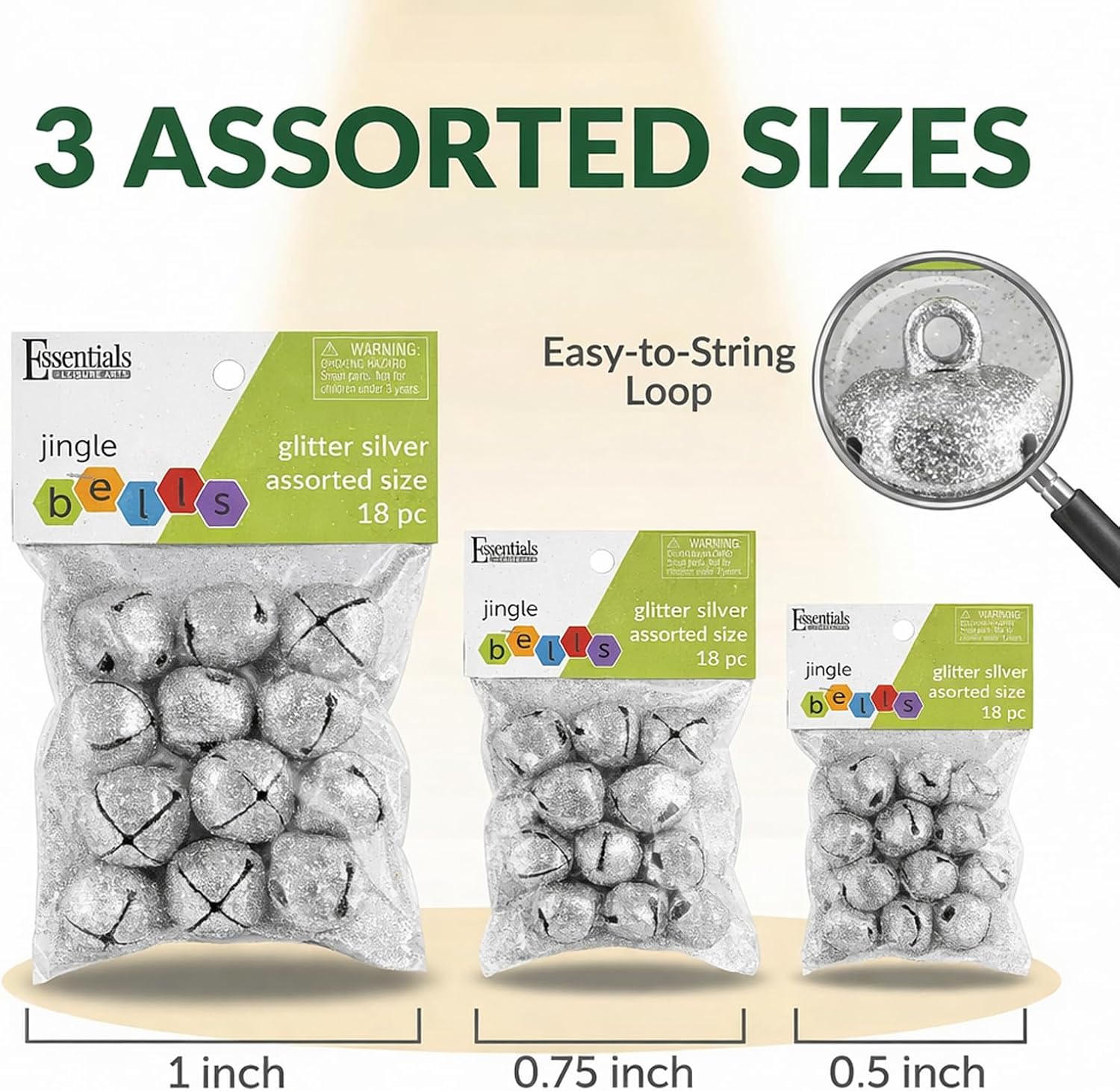 Silver Bells Jingle Craft Assorted Sizes 18 Piece Set Glitter for Ornaments