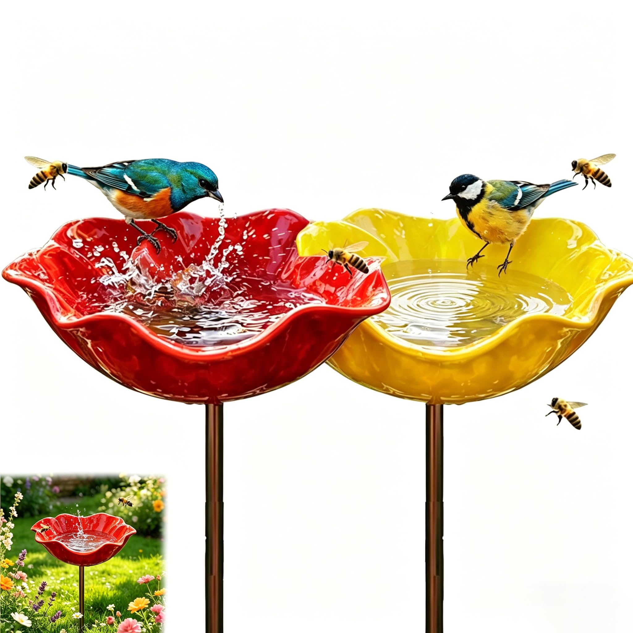 2026 New Handmade Metal Flower Garden Stake Bird Bath, Bee Watering Station with Poppy-Shaped Design, Weather-Resistant Outdoor Yard Art for Garden Patio Yard Lawn (Yellow +Red)