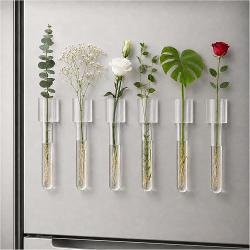 Mini vase Magnets for Fridge, Magnetic Test Tube Vase Set of 6 | Mini glass vase refrigerator magnets with 6 glass tubes and clear acrylic holders for flowers, cuttings, and metal surfaces