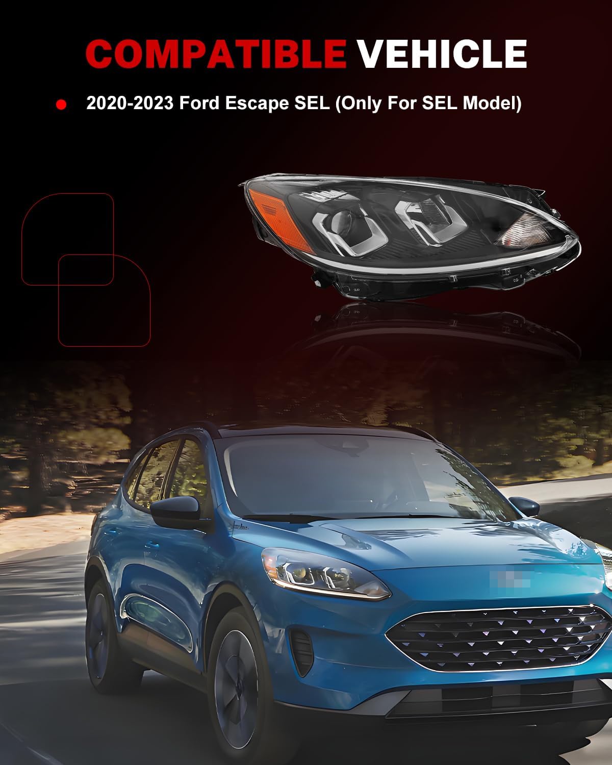 Headlight Assembly Compatible with Fo-rd Escape 2020-2022 SE SEL/Hybrid trims, [Bulbs Included] Right/Passenger Side w/o DRL, Headlamp Replacement with Clear Lens, LJ6Z-13008-C