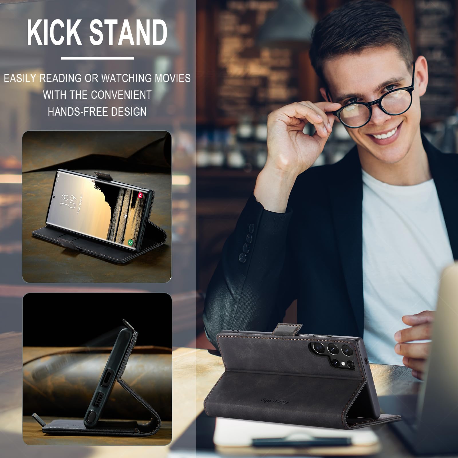 Azororo Cover per Samsung Galaxy S25 Ultra 5G, Premium PU Pelle Custodia, Magnetica Carta Fessura Portafoglio Case, Flip Cavalletto Custodia per Samsung Galaxy S25 Ultra- Nero