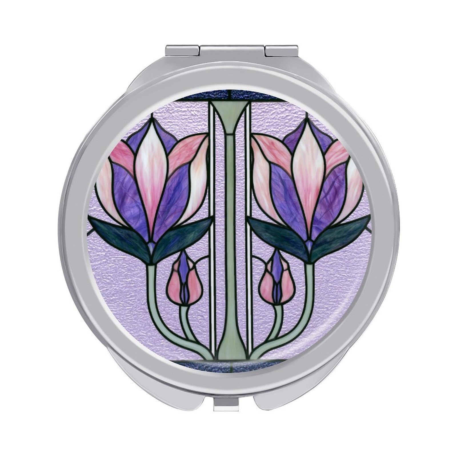 Jubonexis Stained Glass Floral Motif Pale Purple Women Pocket Mirrors, Girls Small Portable Travel Makeup Mini Mirror