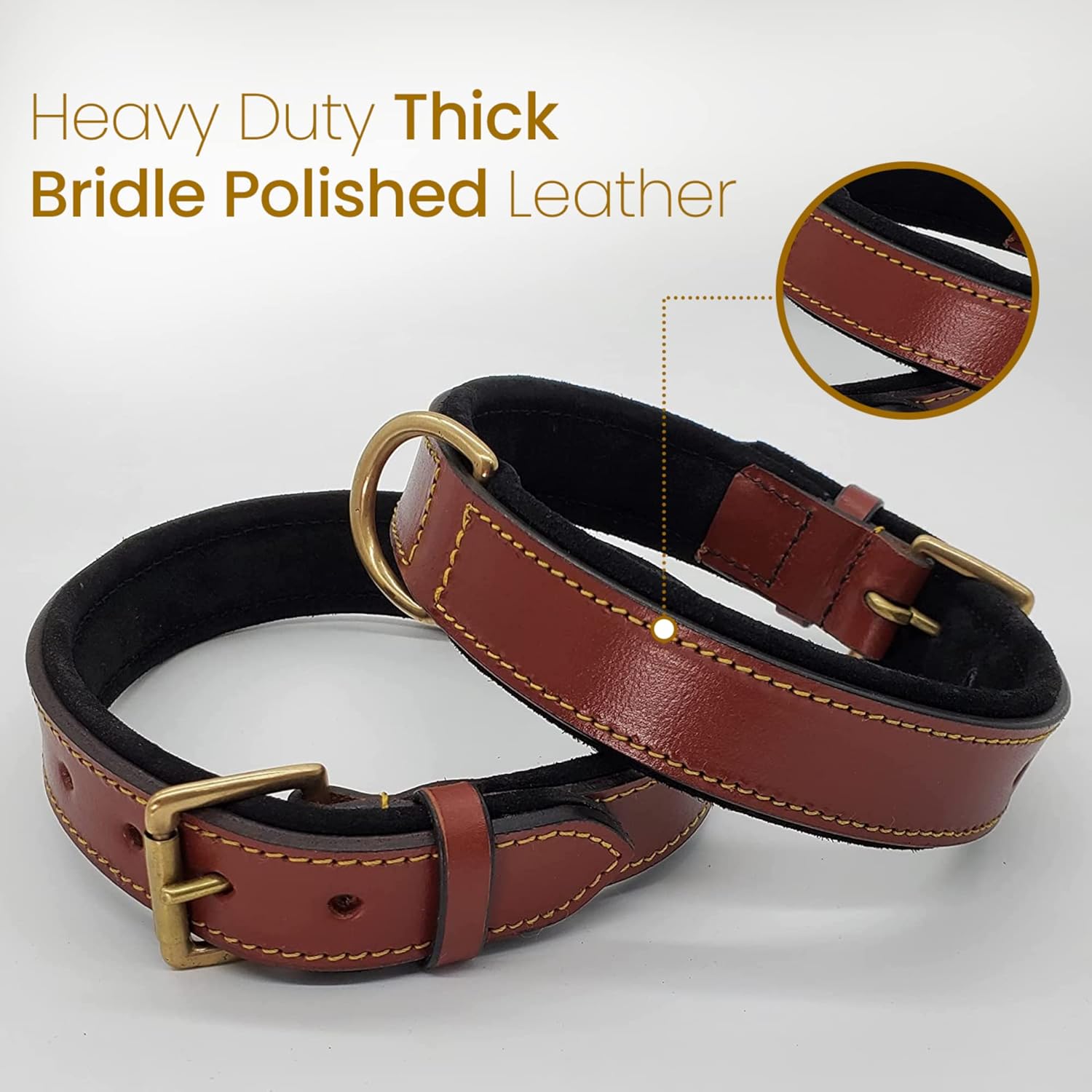 Pawficer Soft Padded Personalized Heavy Duty Thick Leather Dog Collar with Engraved Name, Brown with Black Suede Padding (L: 17-20", Brown - with Engraved Name)