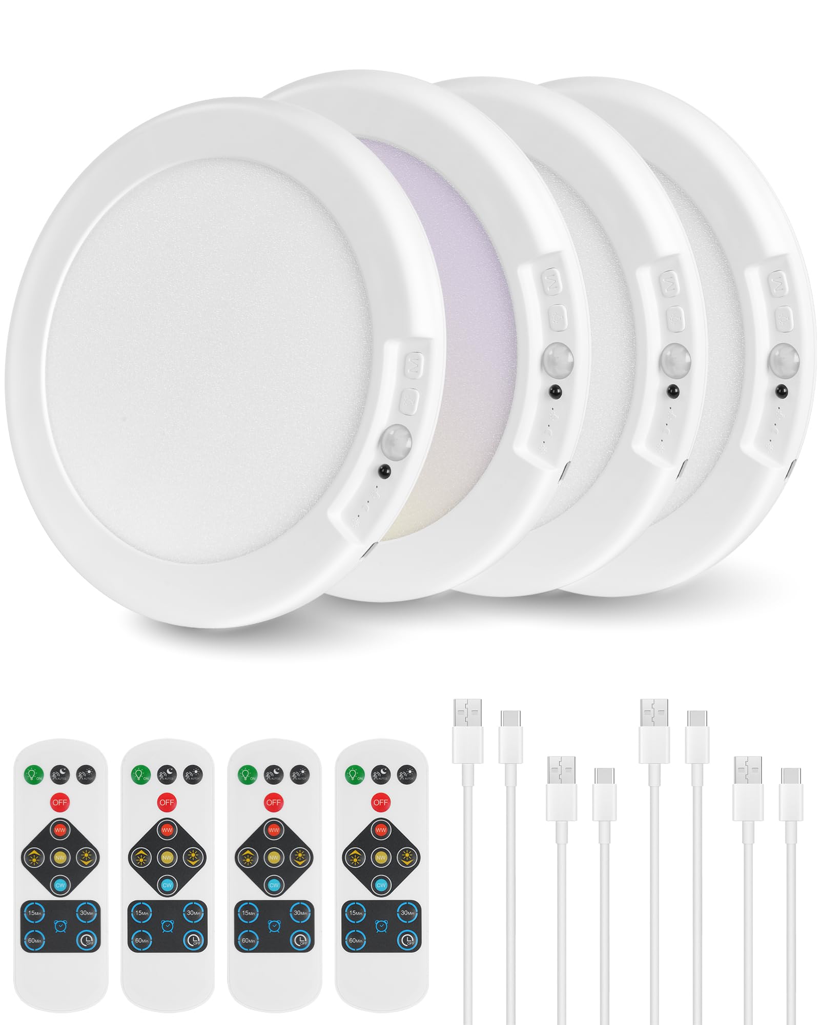 Aufladbare LED-Deckenleuchte mit Bewegungsmelder, 4er-Set | LED-geeignet; Augenschonend; nachttischlampe holz, nachttischlampe grün; Schlafzimmer, Wohnzimmer; Augenschonend