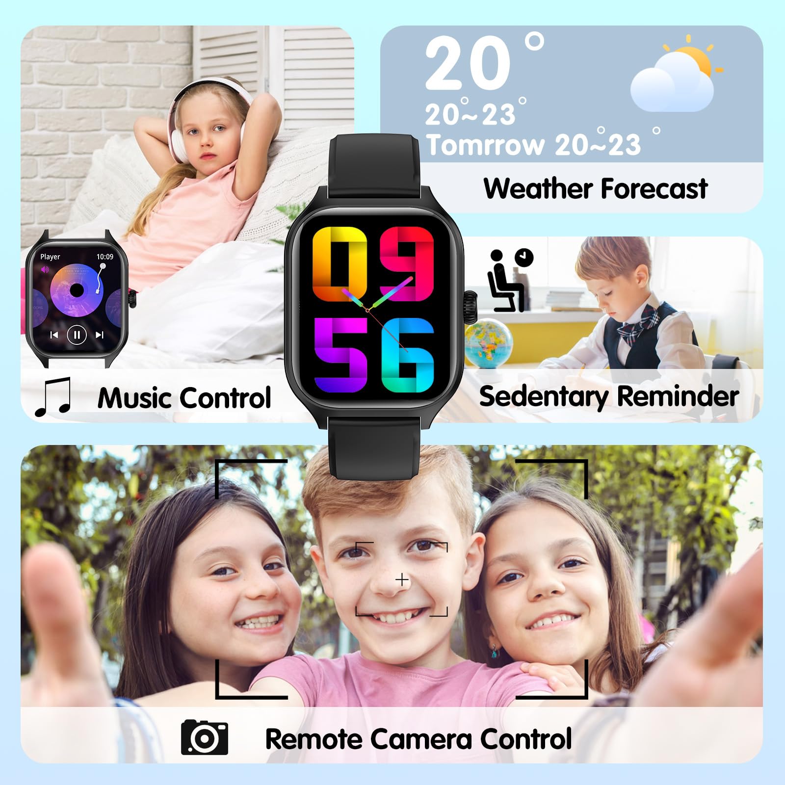 Fitness Tracker Montre Intelligente pour Enfants, Montre Connectée avec Assistant Vocal d'appels Bluetooth,Sport, Moniteur de Sommeil, Podomètre, Montre Sport pour iOS Android