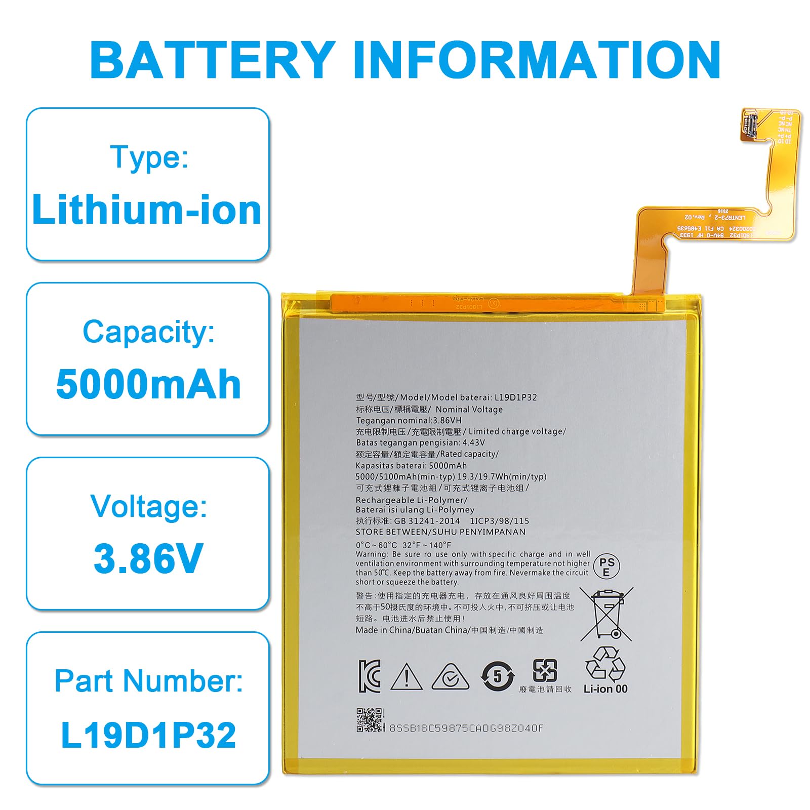 L19D1P32 Batterie Compatible avec Lenovo Smart Tab M10 Plus FHD HD 2020 Gen 2 TB-X306X TB-X306F TB-X306V TB-X606F TB-X606M TB-X606X TB-X606FA 5000mAh 3.86V avec Outils