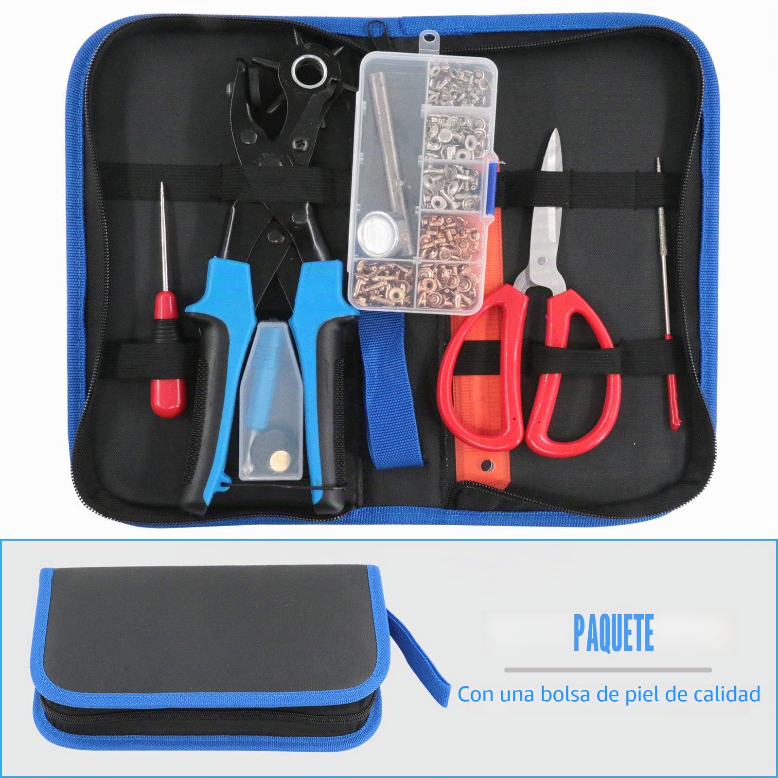 Glarks - Kit con alicates ajustables para perforación delcuero, remaches, tijeras, regla, destornillador y punzón para cinturón, correas de reloj, sillín, zapatos