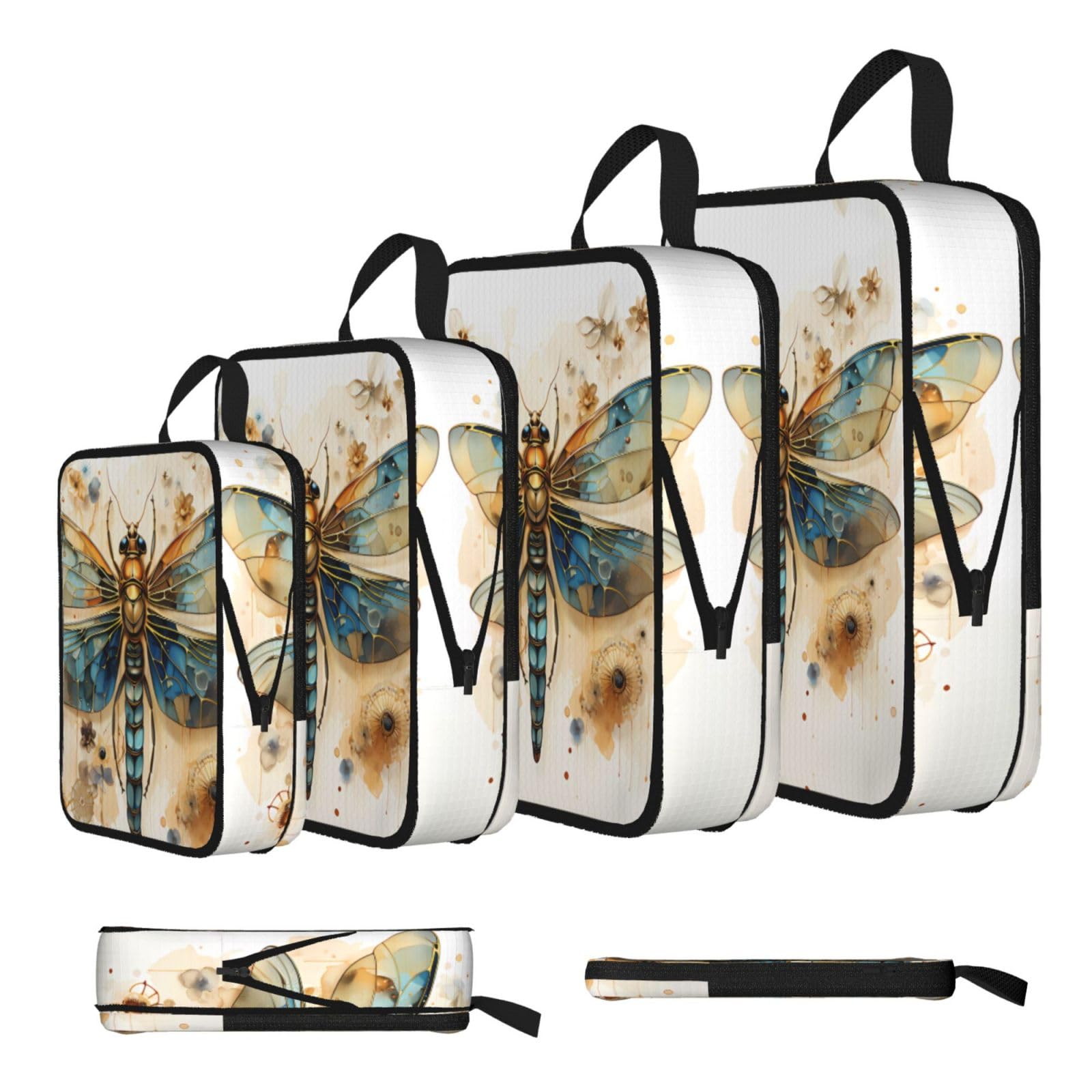 Sxzvvbn Black Golden Delicate Dragonfly Compression Packing Cubes 4 Piece Set