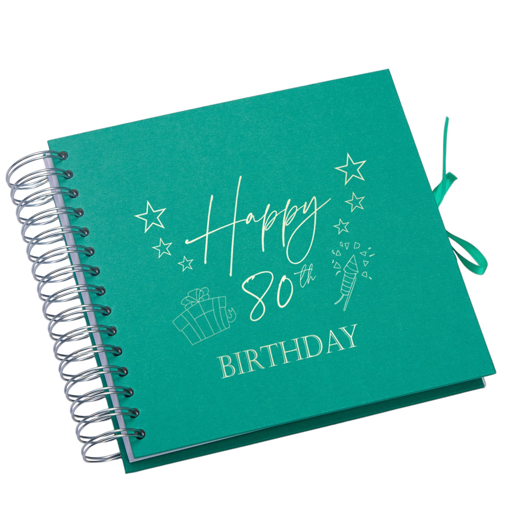 80th Birthday Memory Book, Present Design, Spiral Bound Scrapbook Album with Blank Pages Multiple Colours (Emerald Green)