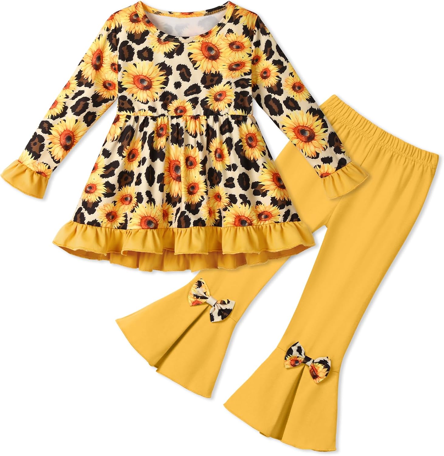 Toddler Girl Clothes Girls Fall Winter Outfits, Ruffle Long Sleeved Floral Shirts Top + Bell-Bottoms Flare Pants Set