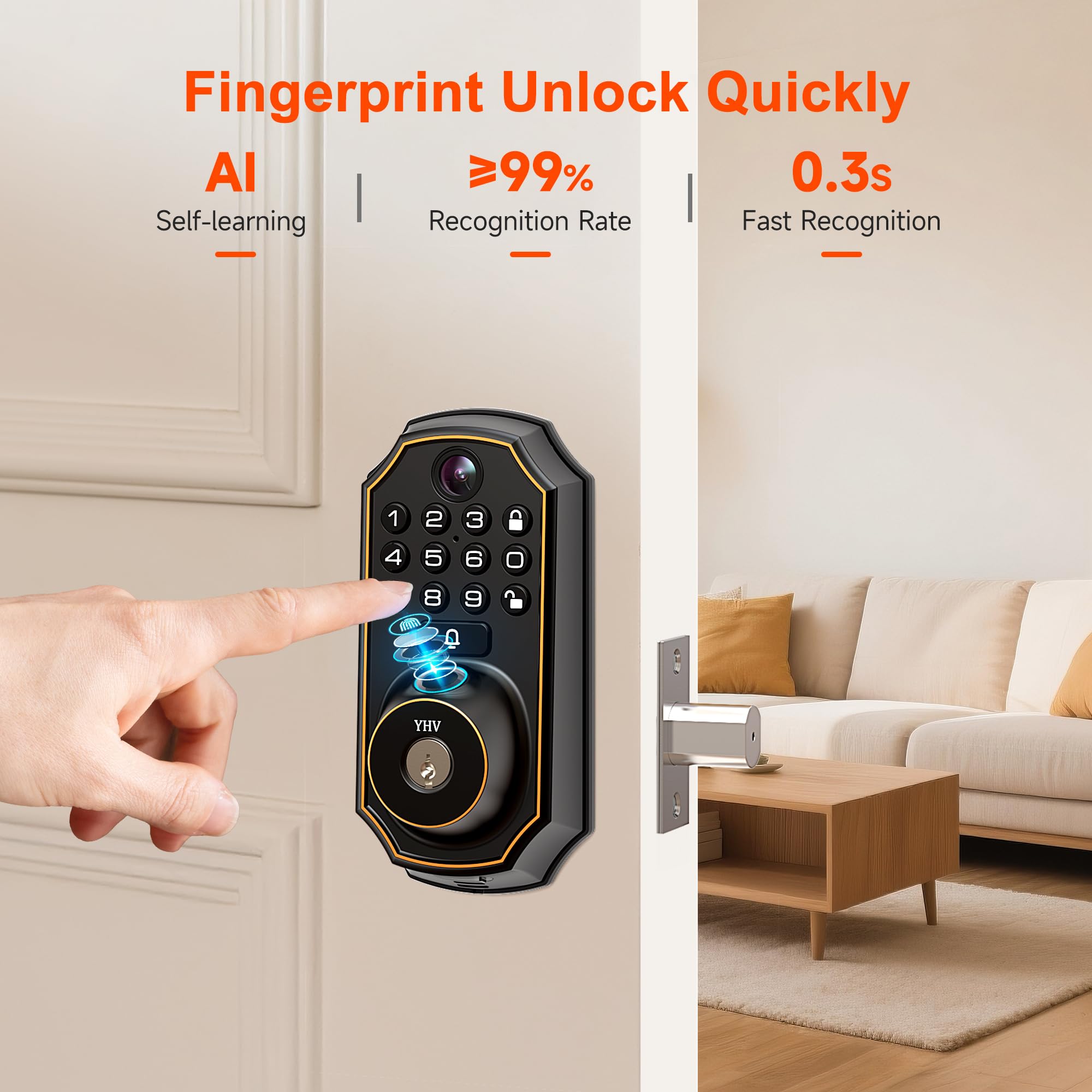 Keyless Entry Door Lock with Camera Electronic Smart Lock Fingerprint Keypad Deadbolt with Code, App Remote Control, Auto Unlock, Wi-Fi Connected, Doorbell for Front Door