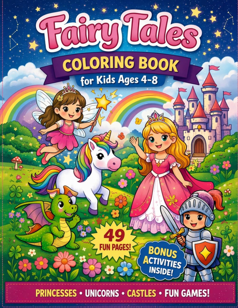 Fairy Tales Coloring Book for Kids Ages 4–8: Magical Fairies, Princesses, Unicorns & Castles | Fun and Easy Coloring Pages with Bonus Activities for Girls and Boys