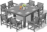 Vista 27 de SERWALL Juego de comedor de patio para 8, juegos de comedor al aire libre para 8 personas con 2 agujeros para sombrilla, mesas rectangulares Blanco