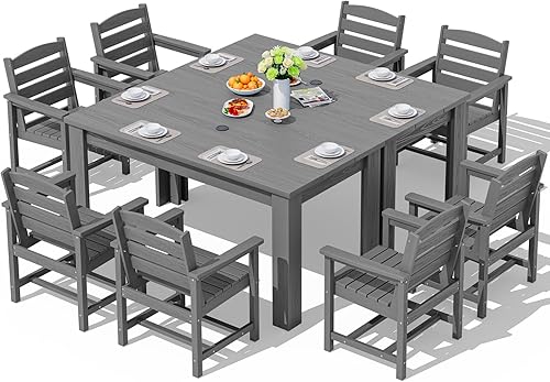 Miniatura 27 de SERWALL Juego de comedor de patio para 8, juegos de comedor al aire libre para 8 personas con 2 agujeros para sombrilla, mesas rectangulares