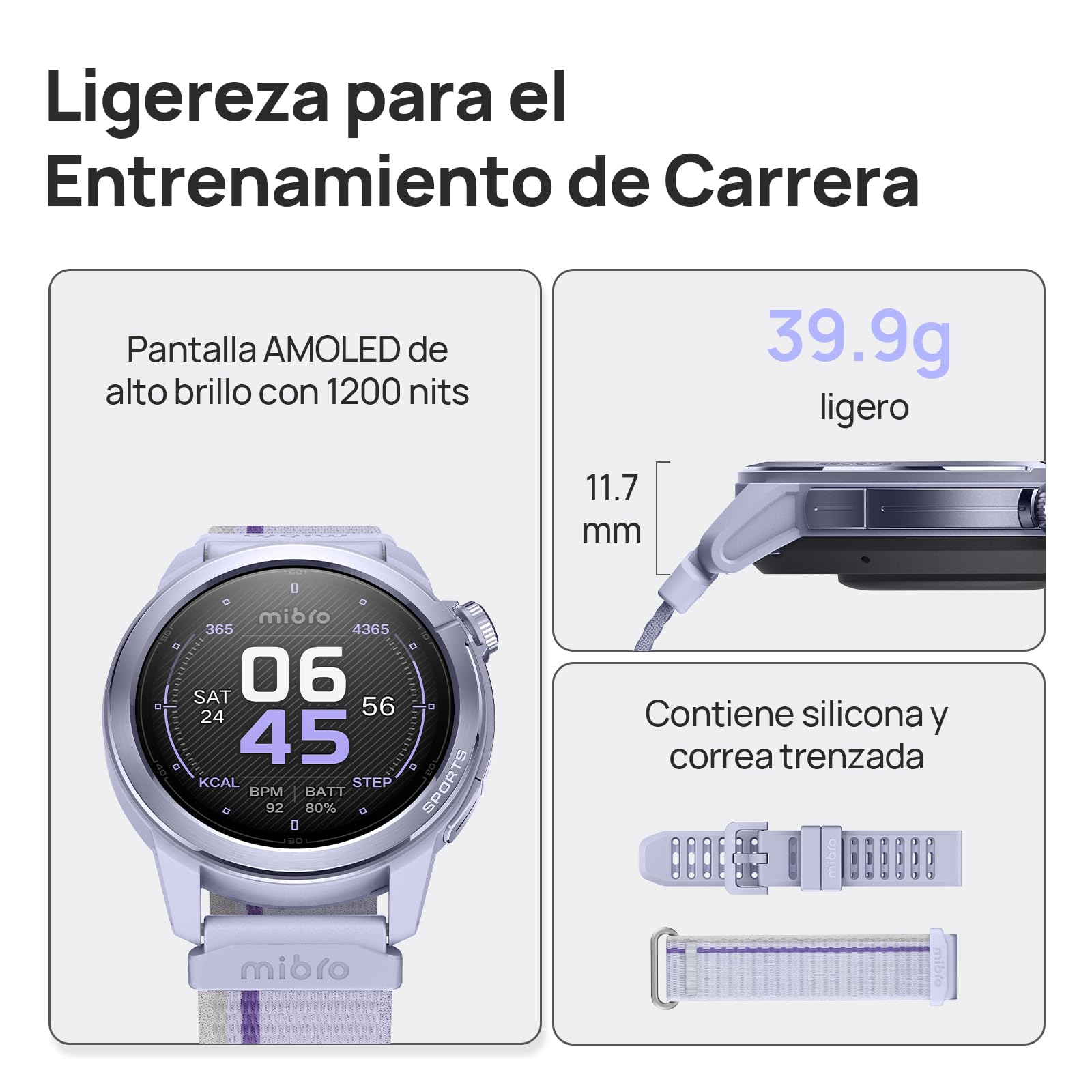 Mibro GS Active2 Smartwatch para Padel con 39,68g Ultraligero, Reloj Inteligente para Running con GPS, Llamadas Bluetooth, Impermeable 5ATM, 150 Modos Deportivos, Compatible con Android & iOS, Lila