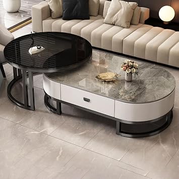 Oval Stone Nesting Coffee Table Set of 2 for Living Room,Modern Steel Frame Nested Coffee Table,with Sturdy Metal Frame and Marble Pattern Wooden,Cocktail Table with Drawer Stacking Coffee Tables