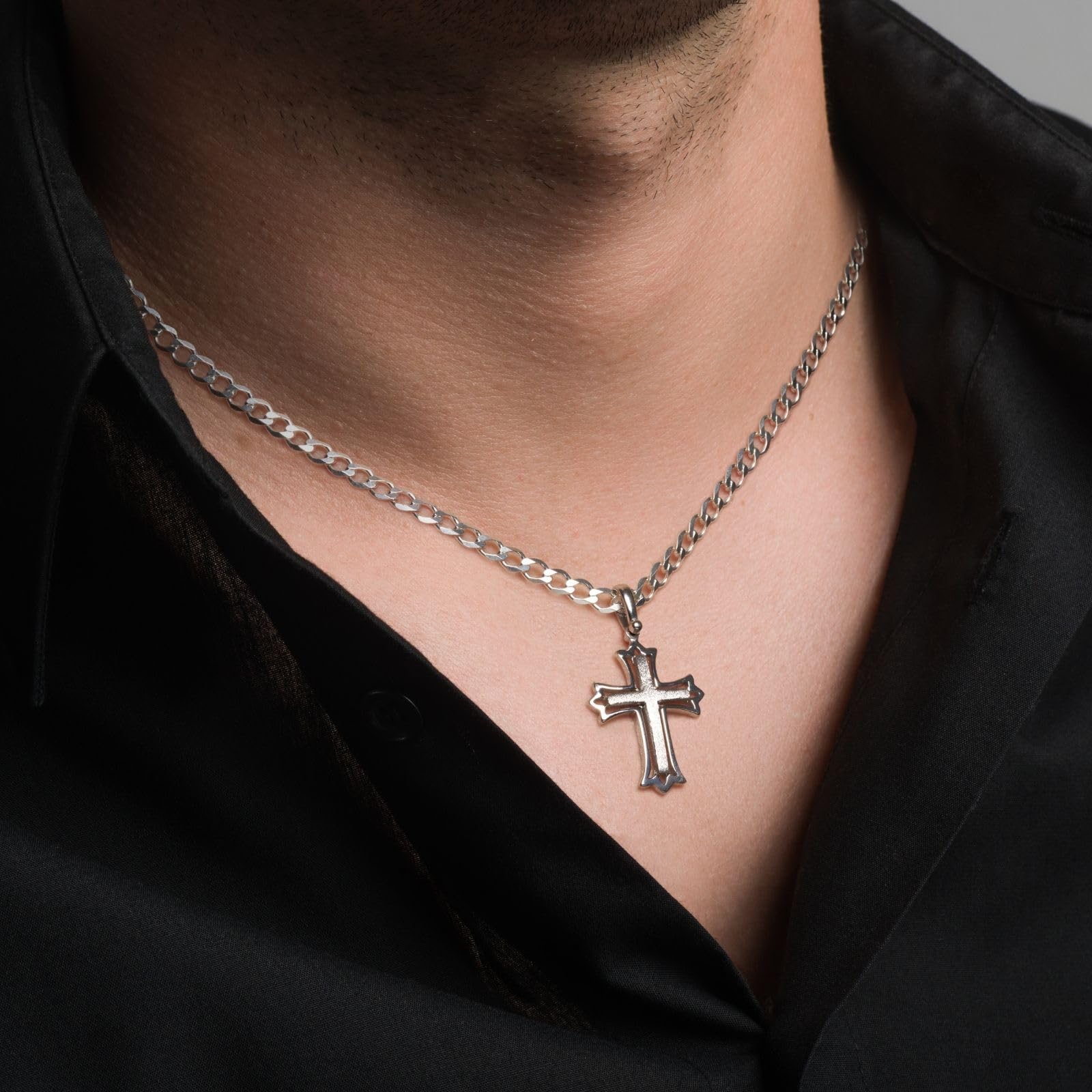 Collana Maschile In Argento Con Pendente Croce 925 Catena Forzatina