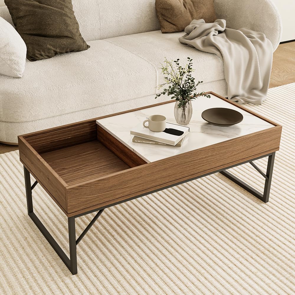 Vicco Couchtisch Lunero, Nussbaum, 105 x 50 cm | mit verschiebbarer Tischplatte und offenem Ablagefach