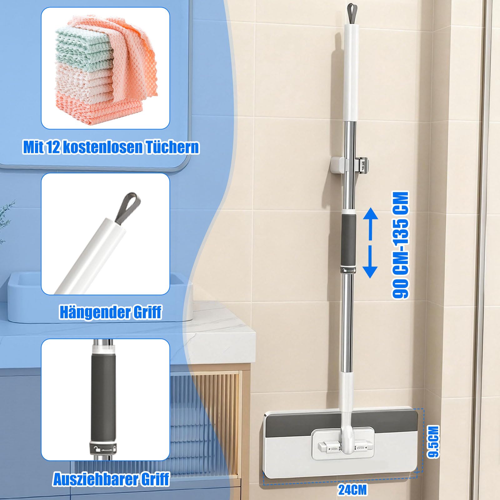 Mop z systemem zaciskowym | mini mop z automatyczną wymianą ściereczki | Zero-Touch i teleskopowy uchwyt | 12 ściereczek z mikrofibry, obsługa jedną ręką | do łazienki, kuchni, płytek
