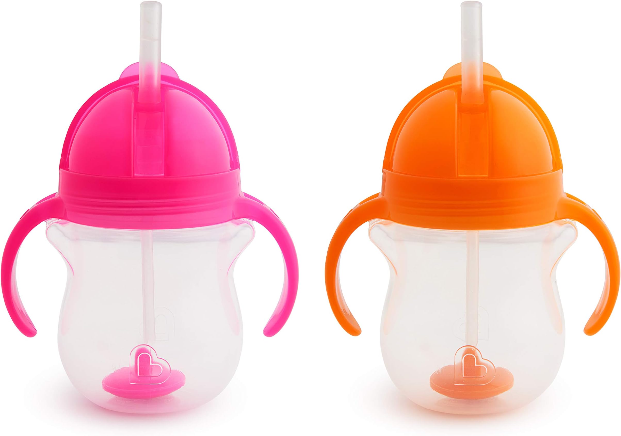 Any Angle Sippy Cups for Toddlers, Spill Proof Weighted Straw Cup with Transition Handles for Babies 6 Months and Up, 7 Ounce, 2 Pack, Pink/Orange