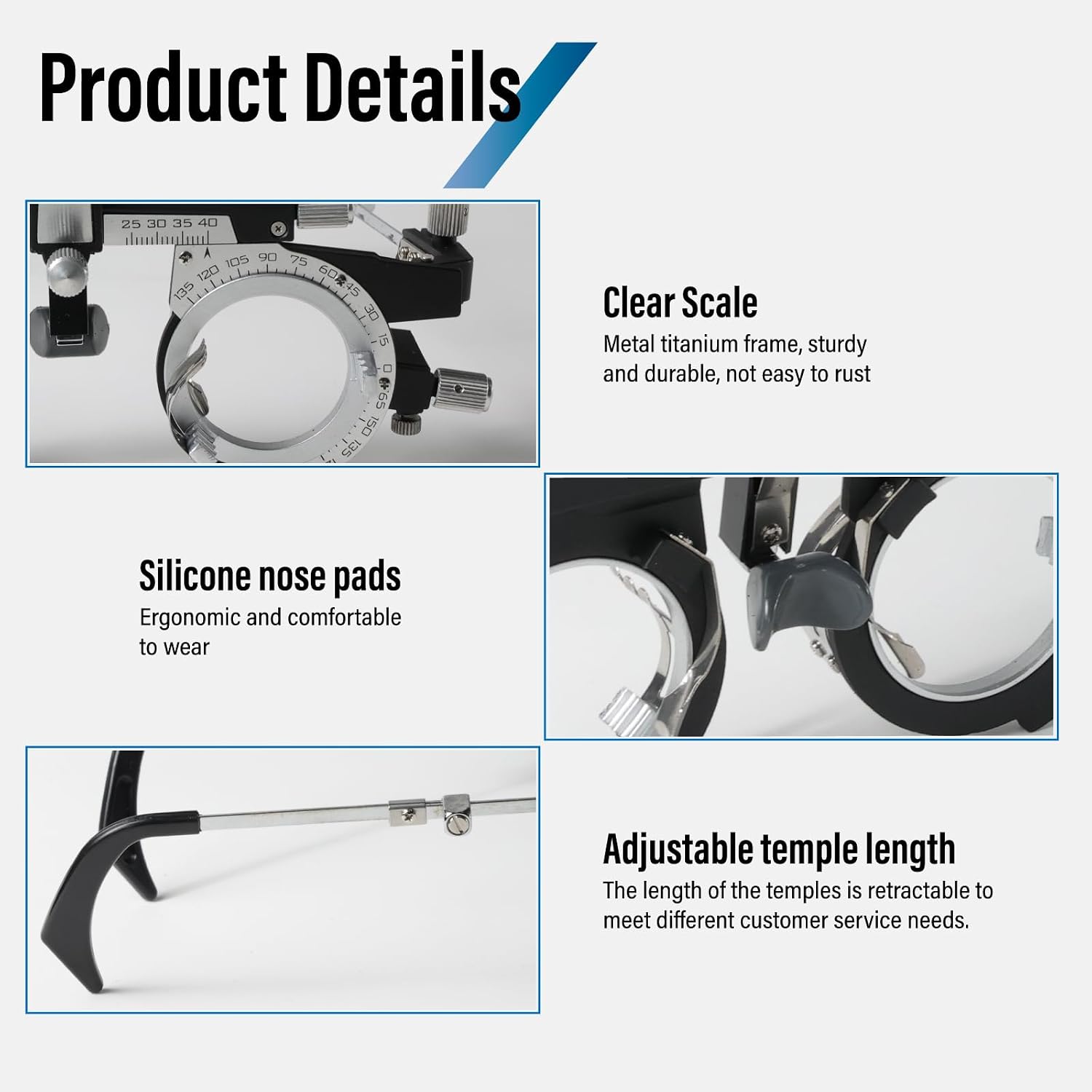 Adjustable Optical Trial Lens Frame, PD 48-80mm, Lightweight Alloy Optometry Frame with Adjustable Temples, Nose Bridge, and 4-Slot Insert Lense
