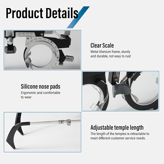 Adjustable Optical Trial Lens Frame, PD 48-80mm, Lightweight Alloy Optometry Frame with Adjustable Temples, Nose Bridge, and 4-Slot Insert Lense