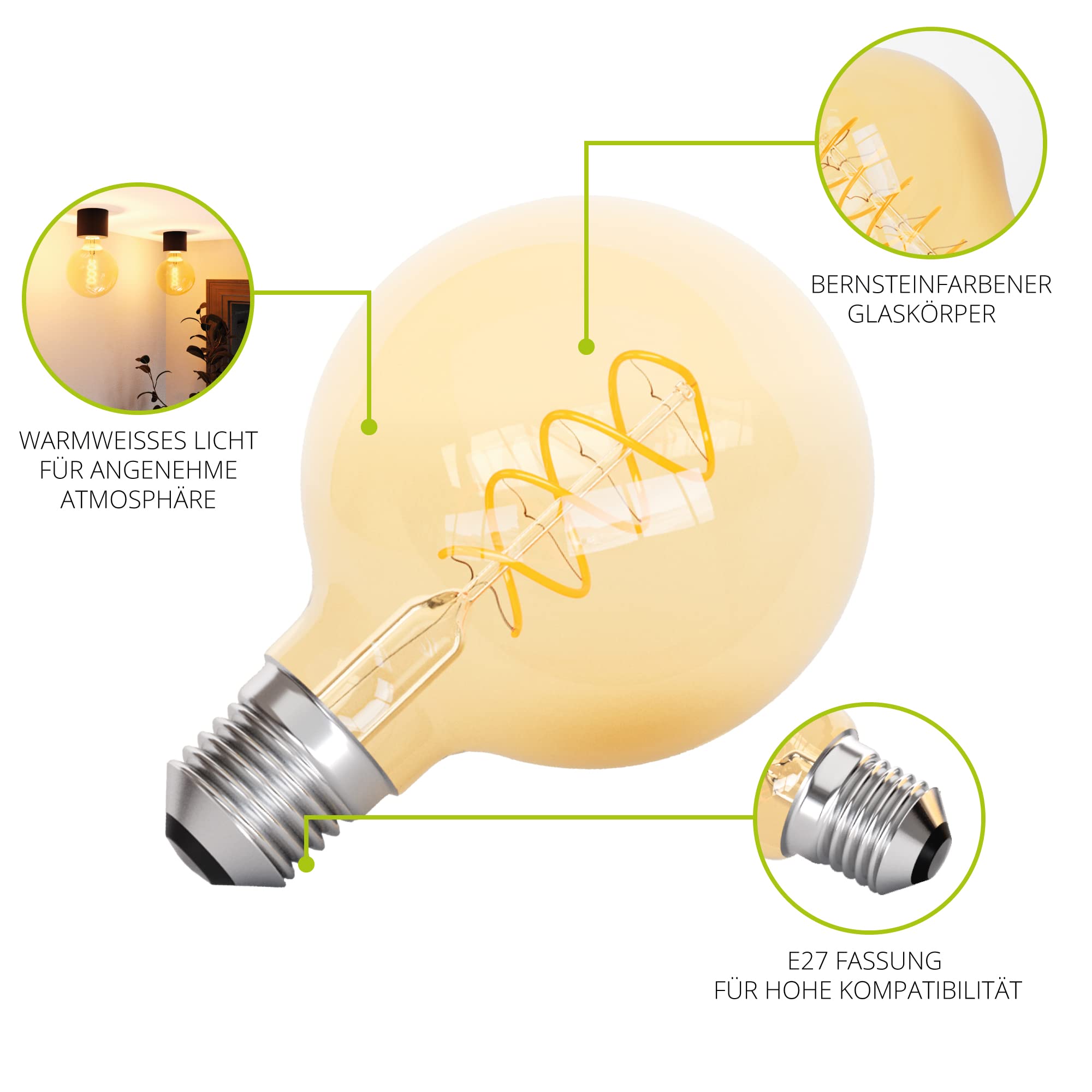 linovum Globe - Set di 4 lampadine LED a filamento E27, dimmerabili, luce bianca calda, G125, forma sferica extra grande, stile vintage, Edison 3,4 W