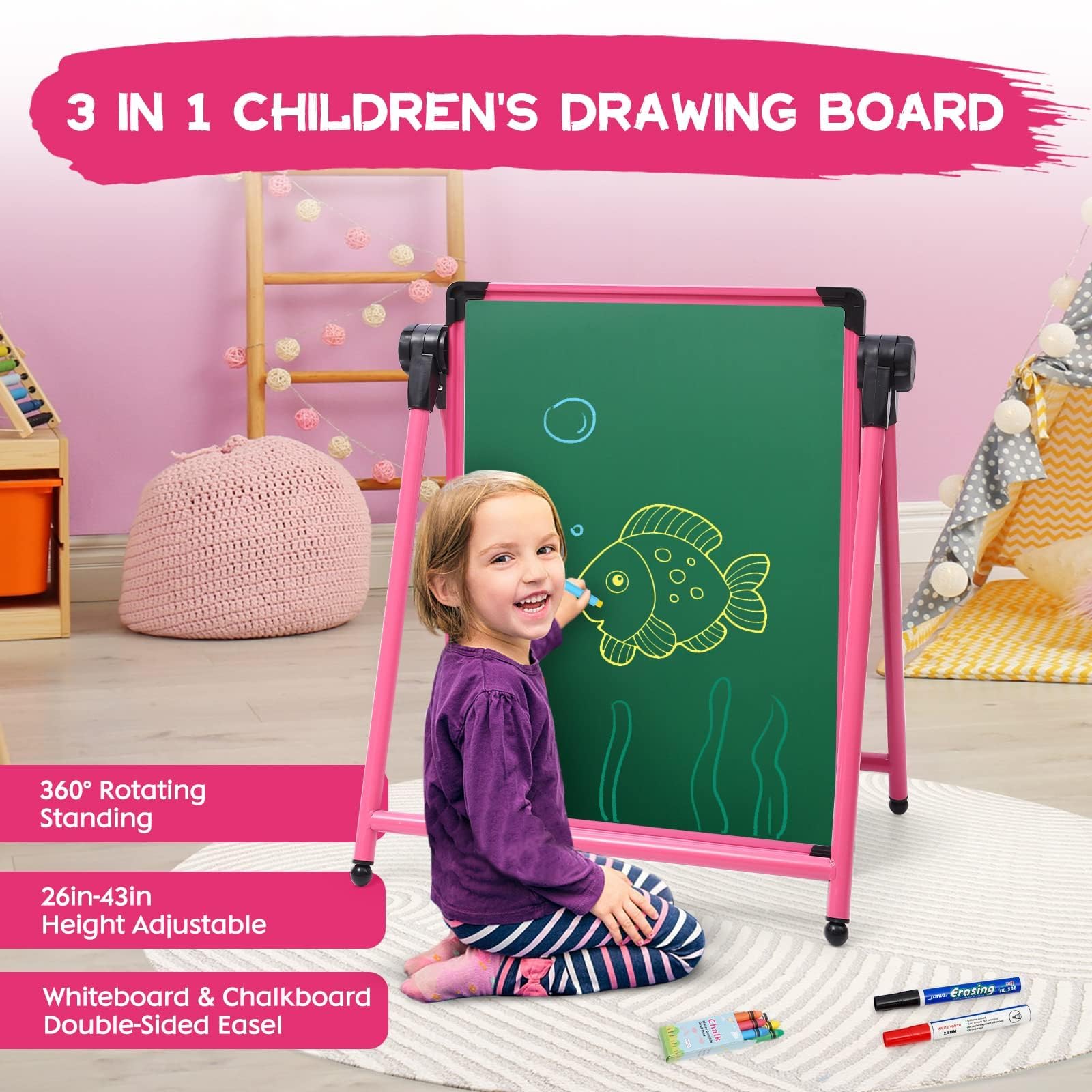 Caballetes para Niños Pizarra Caballete Infantil de Doble Cara con Altura Ajustable 75-112cm Chalkboard Whiteboard 360° giratorio con accesorios