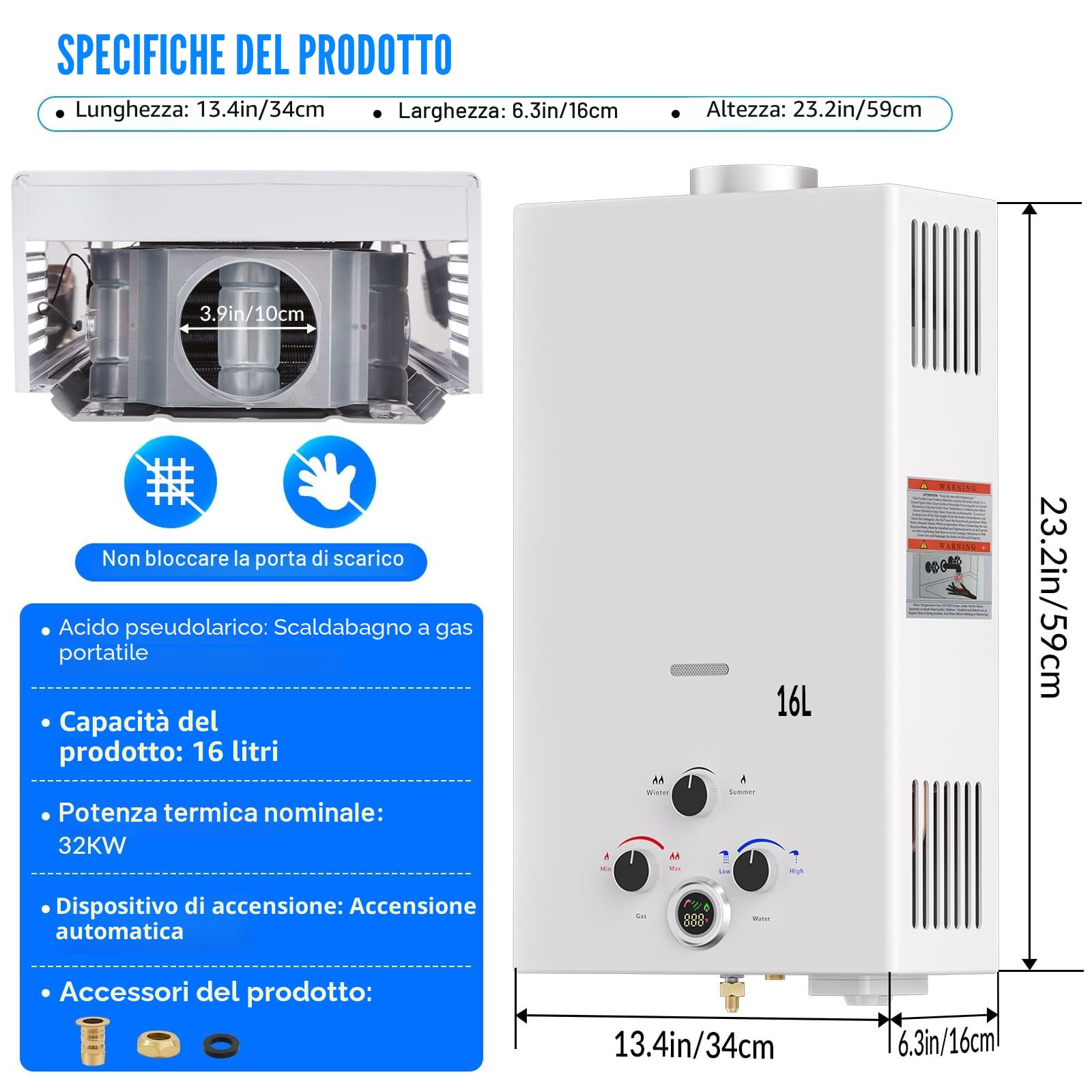 Scaldabagno a Gas 16L, All'aperto Portatile Scaldabagno Istantaneo a Propano con Display Digitale Multi-Protezione, Parete senza Serbatoio Scaldacqua Istantaneo Automatico, bianco
