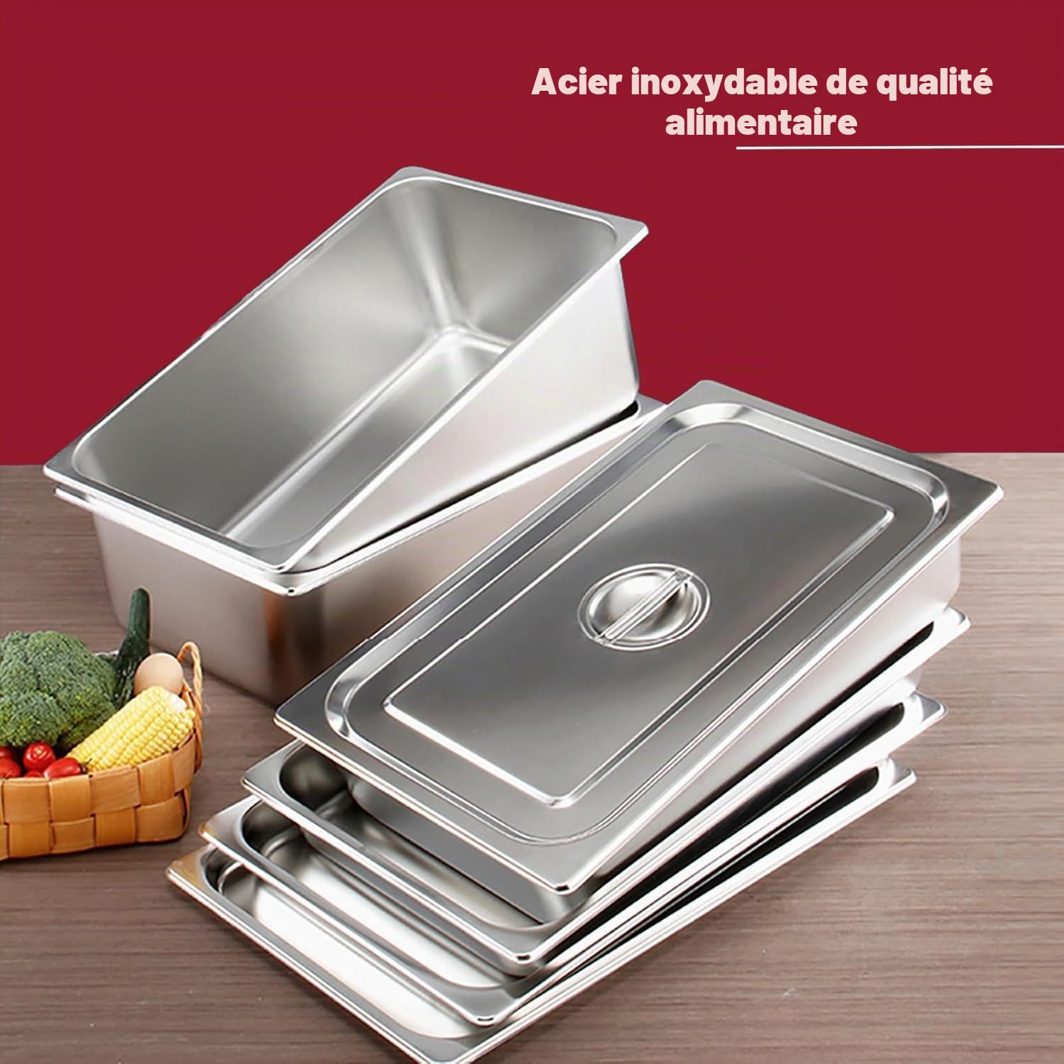 Lot de 3 bols à paner GN 1/3-32,5 x 17,5 x 6,5 cm - Pour côtelettes - En acier inoxydable avec couvercle - Pour escalopes, viande, poisson - Forme rectangulaire