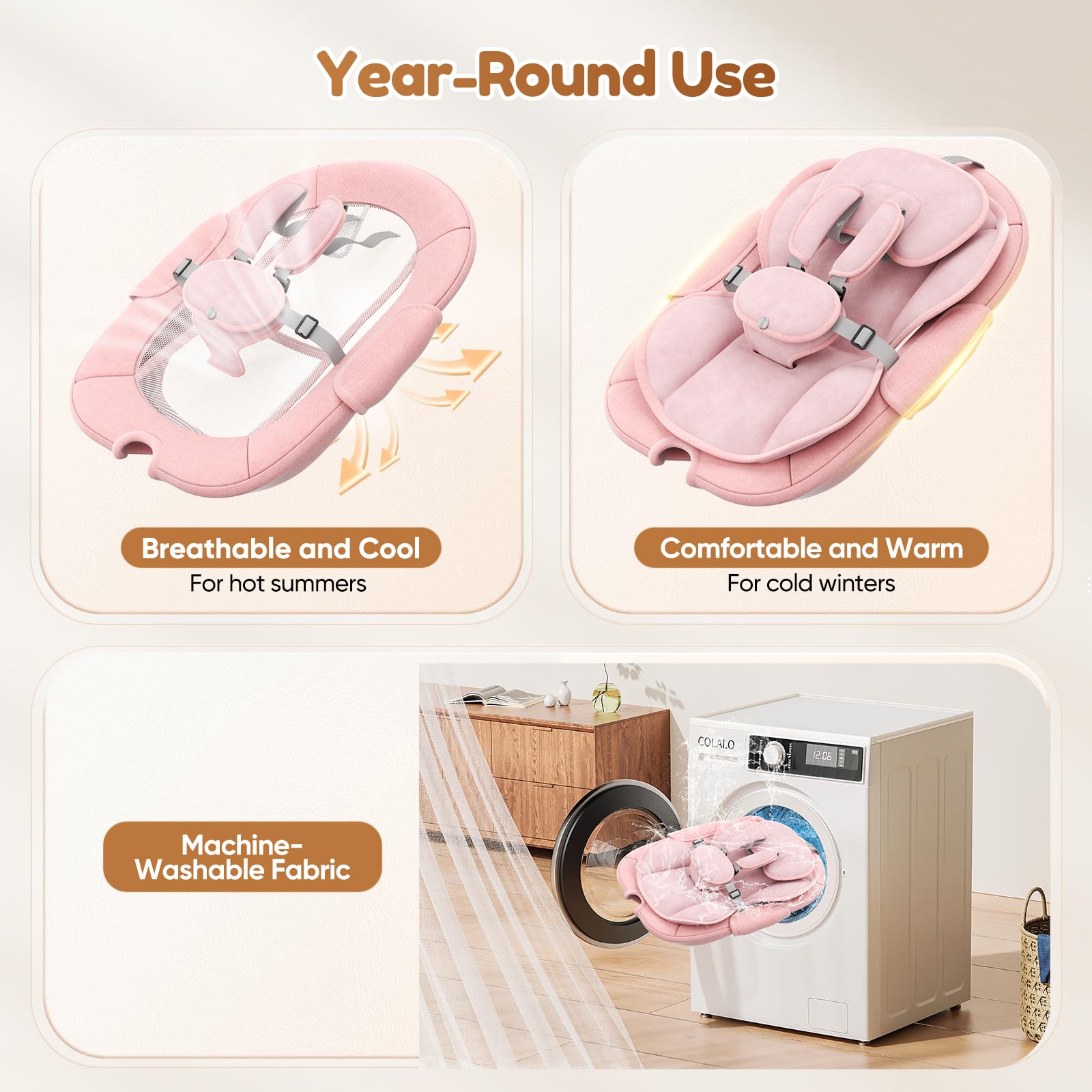 Hamaca eléctrica Bebe con arnés de 5 Puntos, 5 Modos de balanceo, Temporizador de 3 Niveles, Mando a Distancia y música, se Puede Utilizar en Interiores y Exteriores (Rosa)