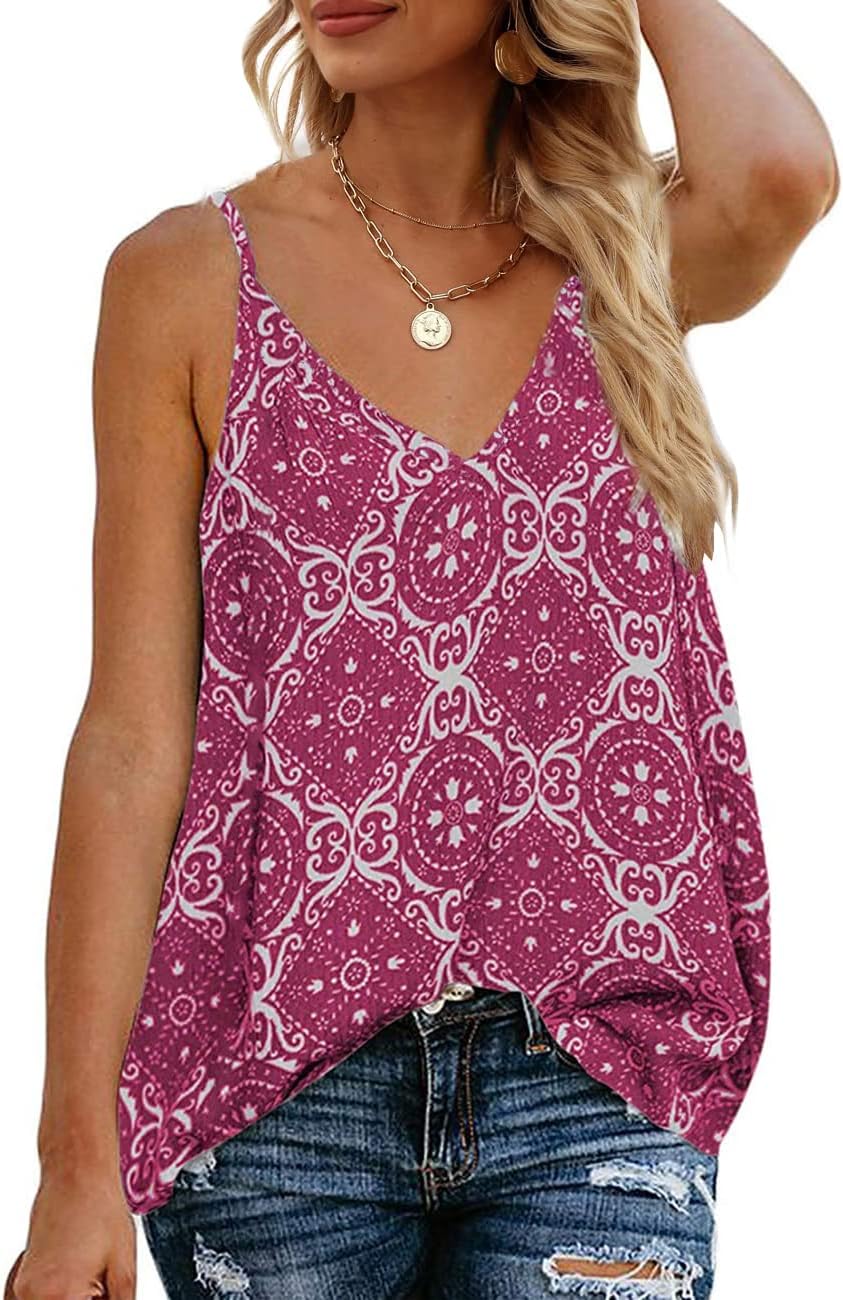 TECREW Women's Boho Floral V Neck Spaghetti Straps Tank Top Summer Sleeveless Shirts Blouse