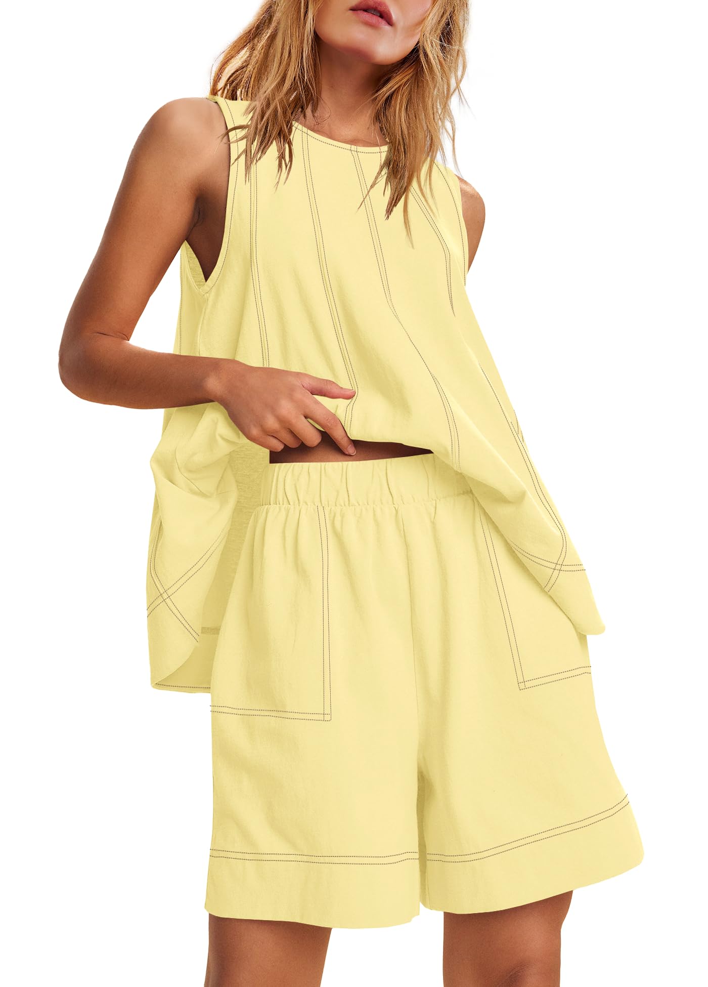 Nirovien Womens Short Sets 2 Piece Vacation Outfits Sleeveless Tank Top and Shorts Matching Set with Pockets