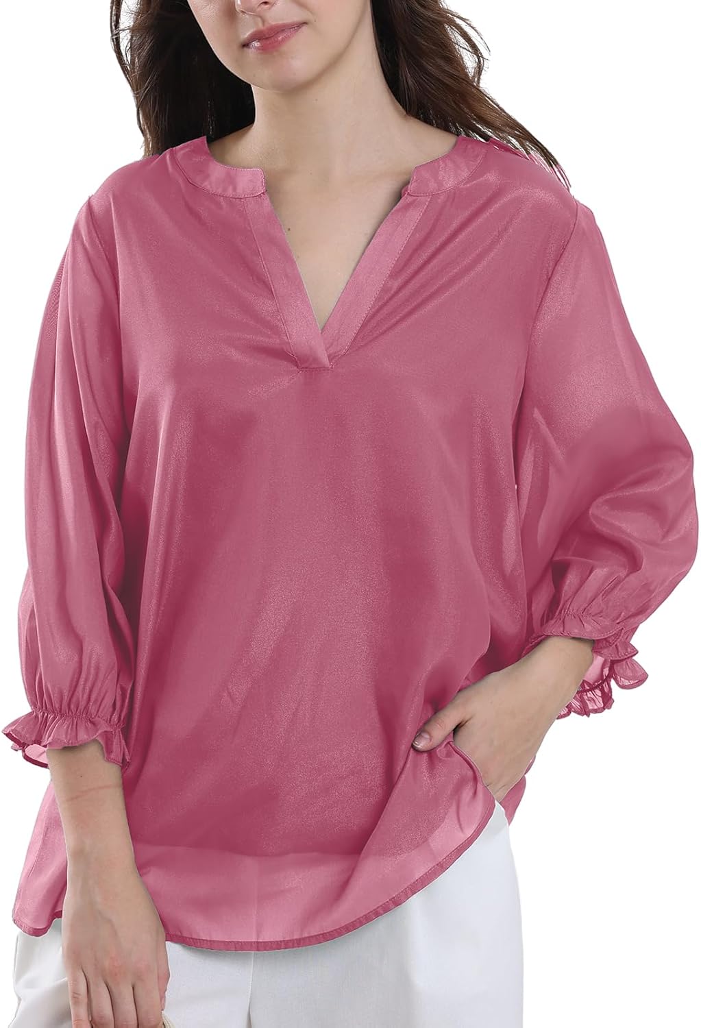 Women's Casual Chiffon Blouses V Neck 3/4 Sleeves Tops Fall - Image 2