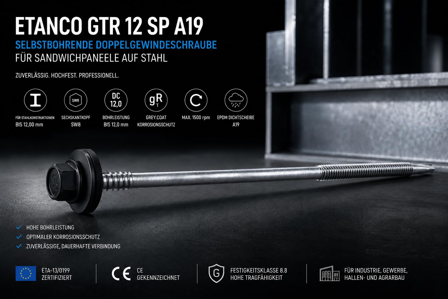 ETANCO GTR 12 SP A19 5,5/6,3 x 200 mm Tornillo de doble rosca autoperforante para paneles sándwich sobre acero RAL 9005, negro profundo, arandela de sellado EPDM ETA CE SW8, 100 unidades
