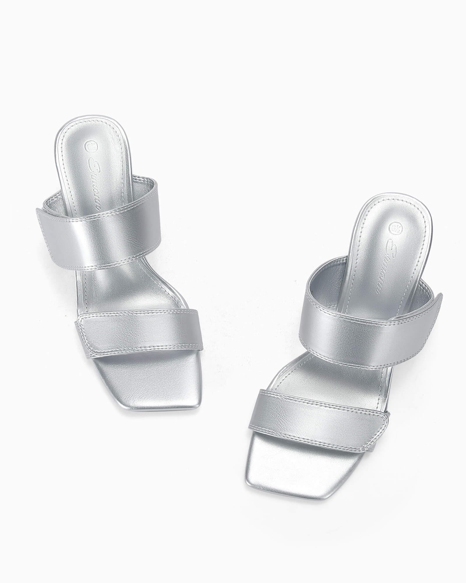 Ermonn Womens Two Strap Heeled Sandals Slip On Square Open Toe Stiletto Faux Leather Backless Mule Heels Slippers