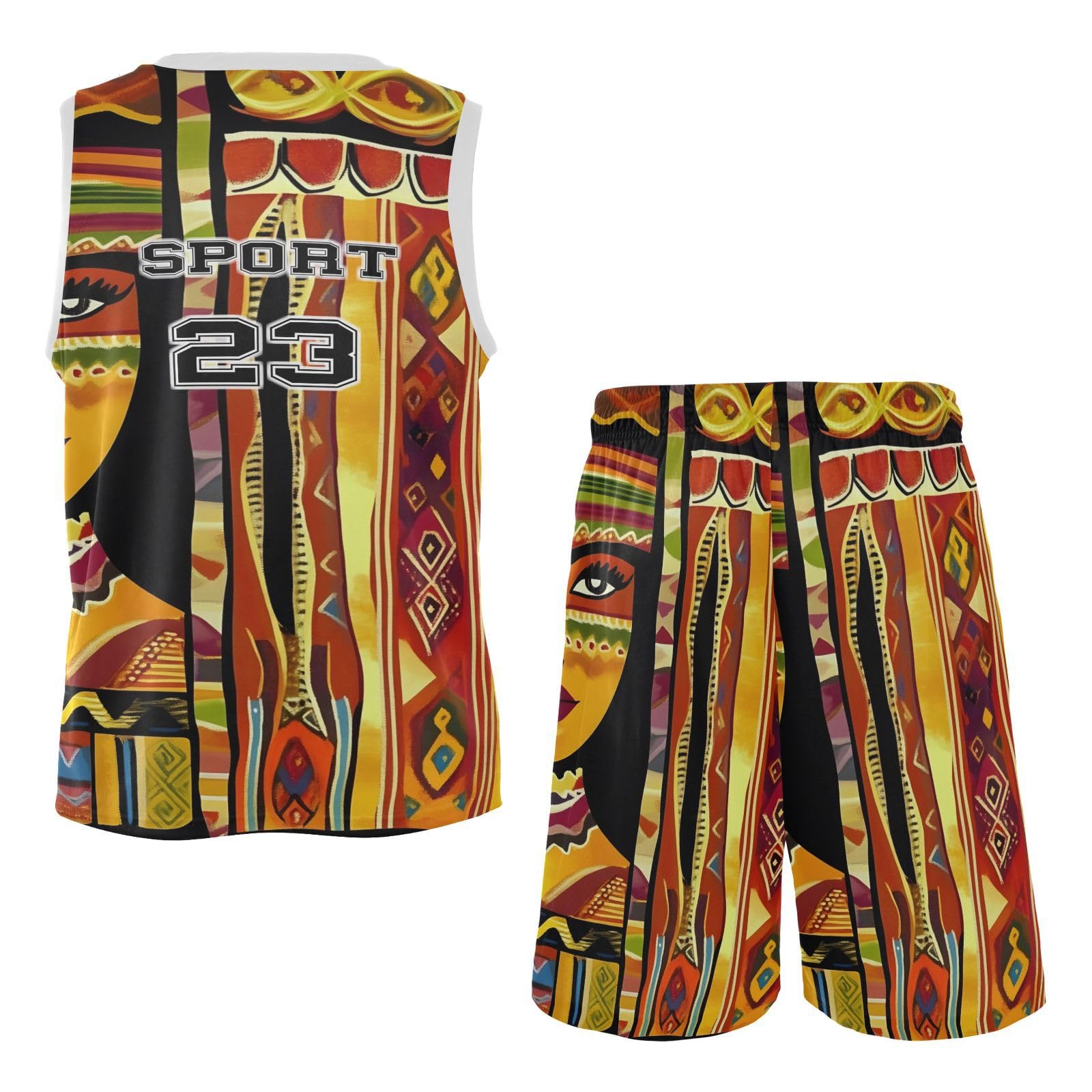 FLildon Ethnic Indian Woman Print Boys Basketball Jersey Set Tank Top Shorts Tracksuit Sport Training Suit for Kids, M