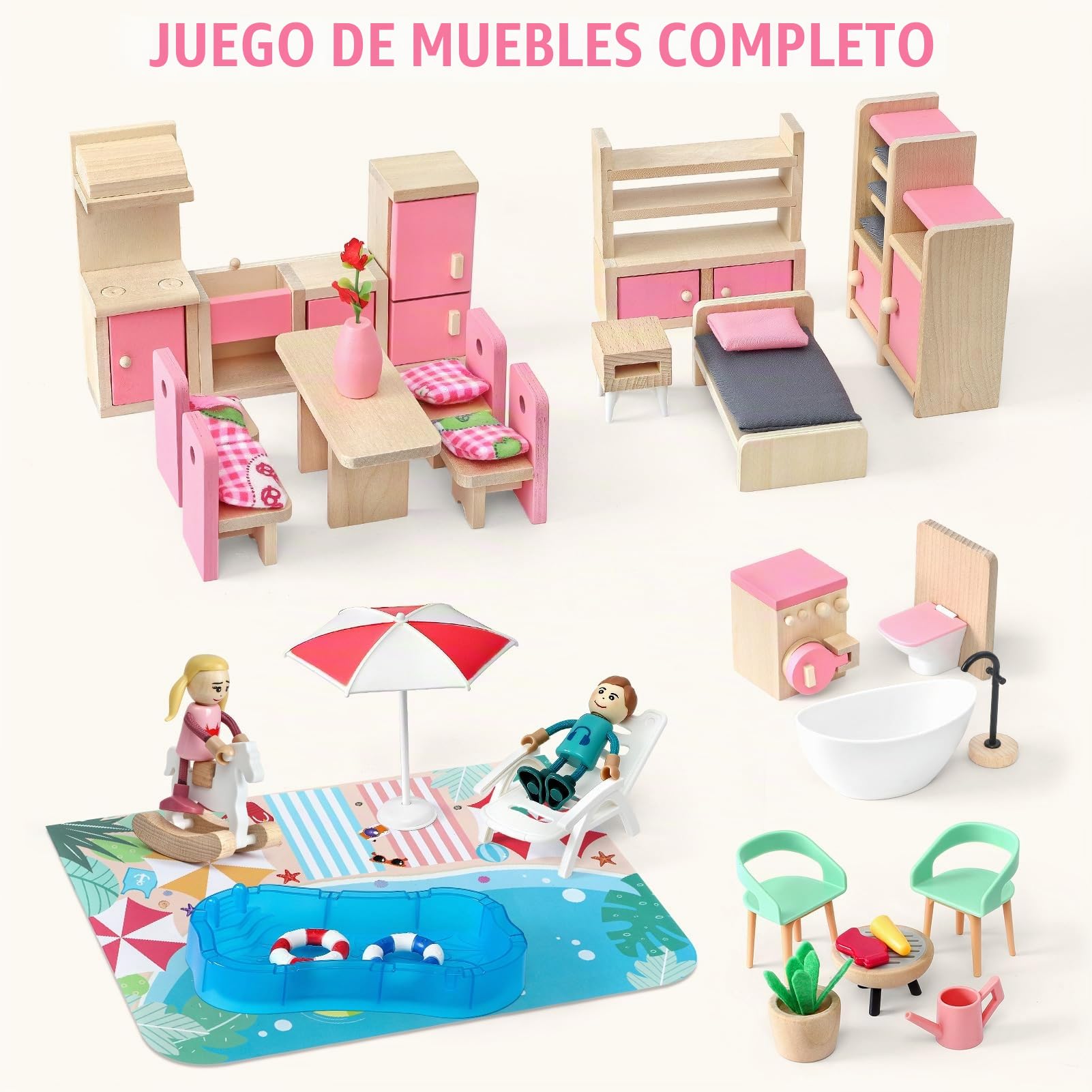 Atoylink Casa de Muñecas Madera con Conjunto Completo de Muebles y Accesorios, 2 Pisos Casita de Muñecas para Niñas con Dormitorio, Baño, Comedor, Piscina, Juguetes Madera Regalo para Niños 3+ Años