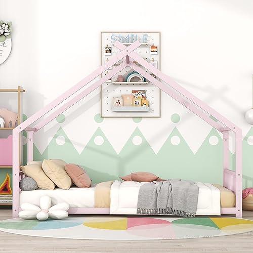 Miniatura 3 de Cama individual para niños, marco de cama individual con cabecero y estribo, cama de metal individual para niños, niñas, niños (rosa)